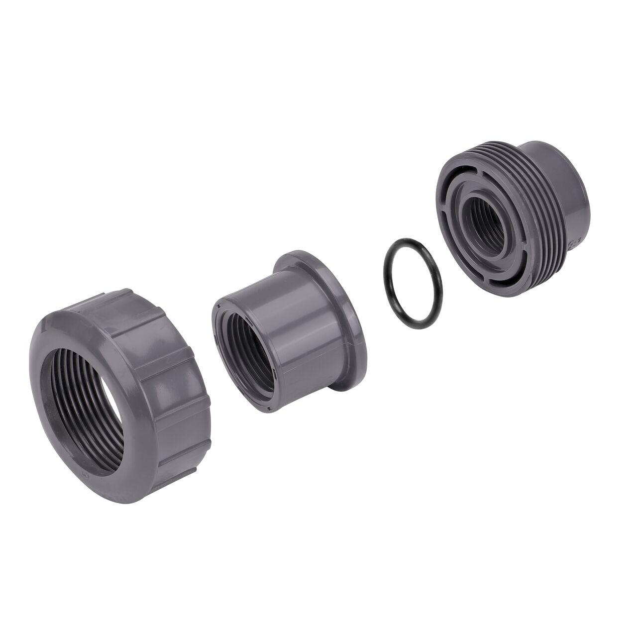 The NDS 1 in. FPT PVC Union shown here unassembled, includes the EPDM O-ring that is placed in the center of the union to create a leak-resistant seal (NDS U-1000-T)