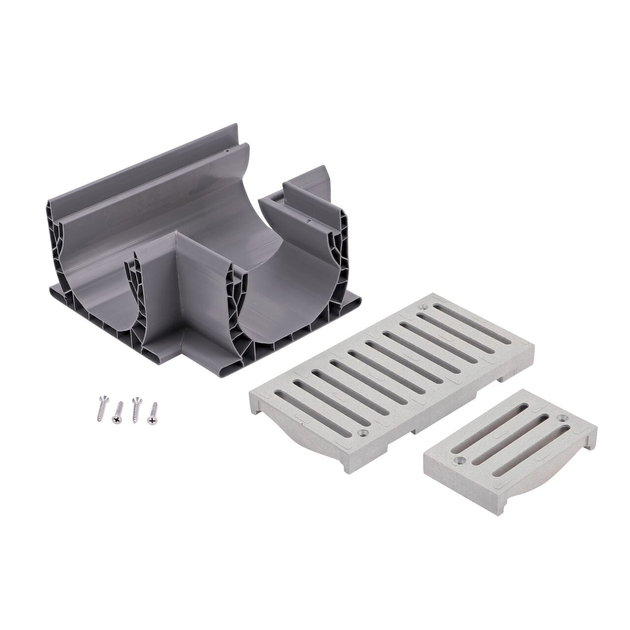 Unassembled  view of the NDS Gray Spee-D® Channel Drain Cross and Grate (NDS 2371)