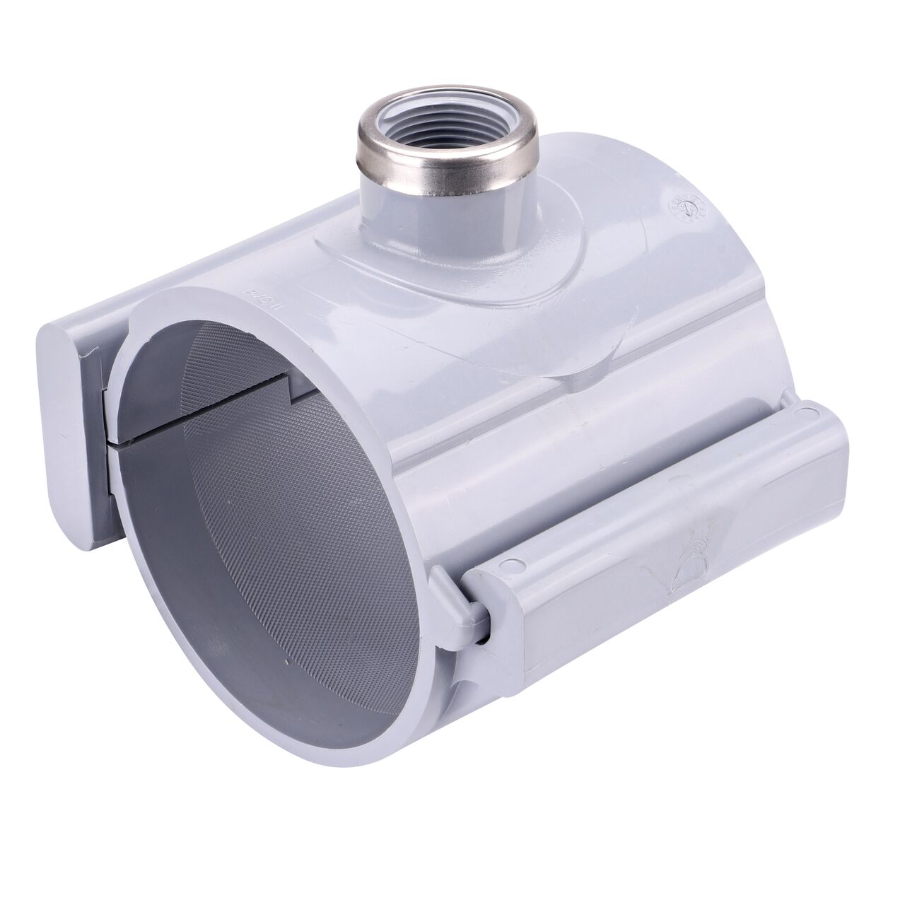 The NDS Clamp-It™ Rigid PVC Saddle with 1 in. FPT connection on top (NDS 444010) for 4 in. PVC pipe has a patented wedge design on one side and hinge on the other to install a sprinkler irrigation system to existing pipe without any bolts