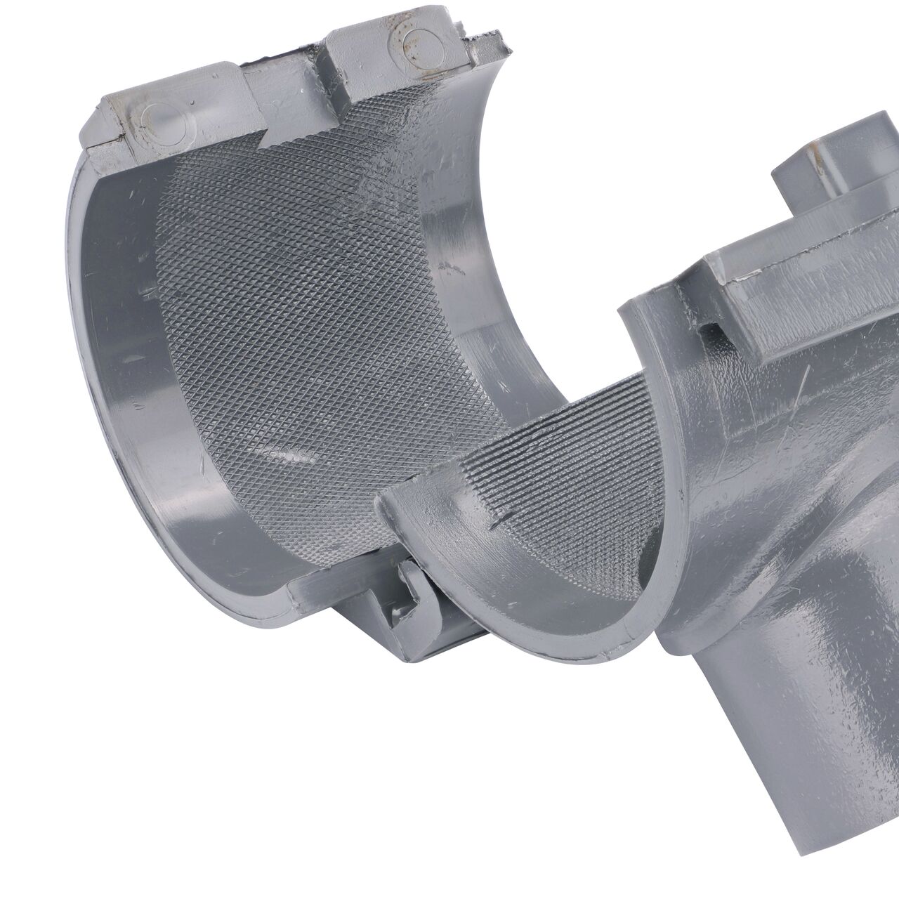 Closeup of the hinge open on the NDS Clamp-It™ Rigid PVC Saddle for 2 in. PE pipe with 1 in. slip on top (NDS 332010P)