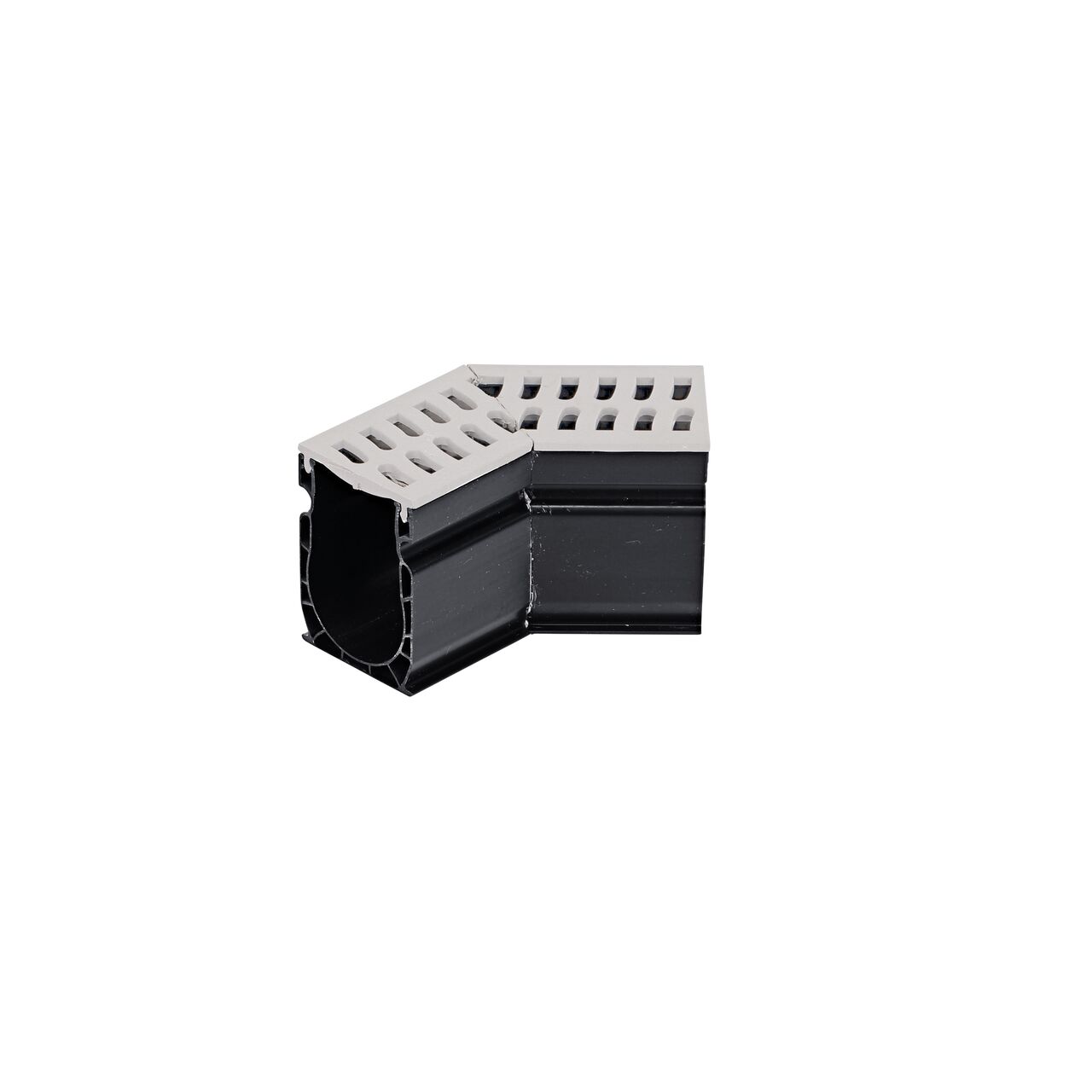 Uninstalled NDS Gray Slim Channel™ Drain 45° Elbow and Grate (NDS 9303)
