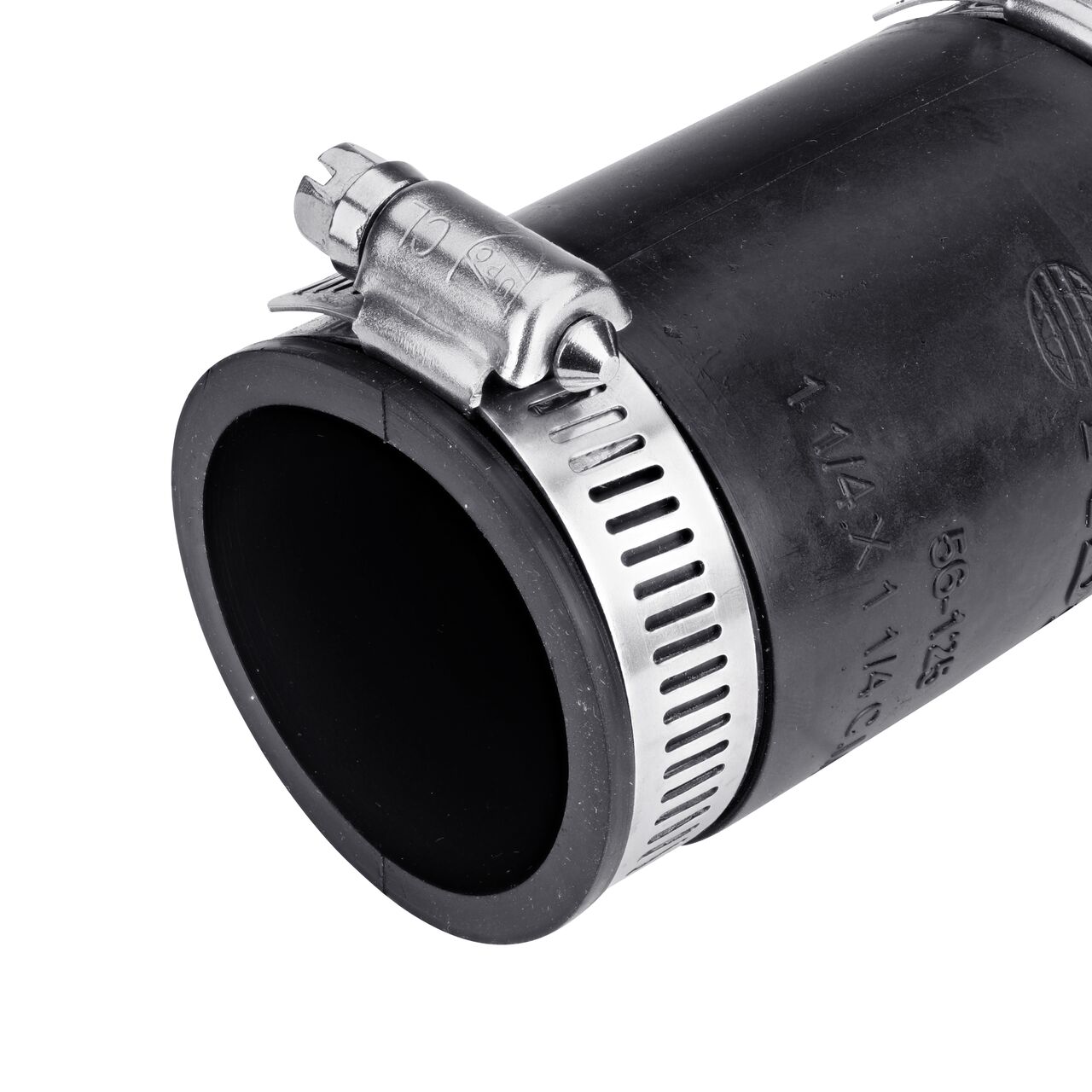 Closeup view of the small end on the NDS 1-1/4 in. flex coupling connects two cast iron/sewer and drain or DWV/copper/steel/lead pipes (NDS 56-125)