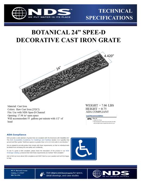 NDS Spee-D® Channel Drain Grate Decorative Botanical Design Cast Iron Tech Spec
