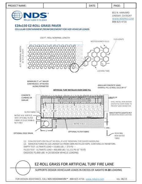 NDS EZ Roll® Grass Pavers Articifical Turf Fire Lane Exceeding H-20 Load Installation Detail