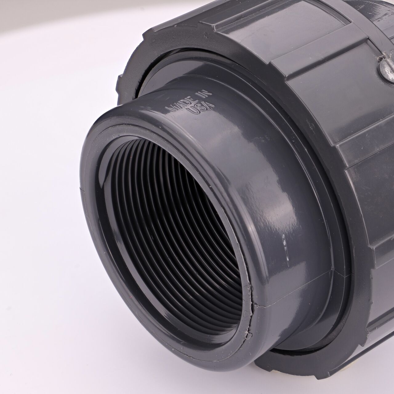 Closeup view of one threaded end on the PVC Union, 2 in. Sch. 80 S X FPT (NDS U-2000-ST)