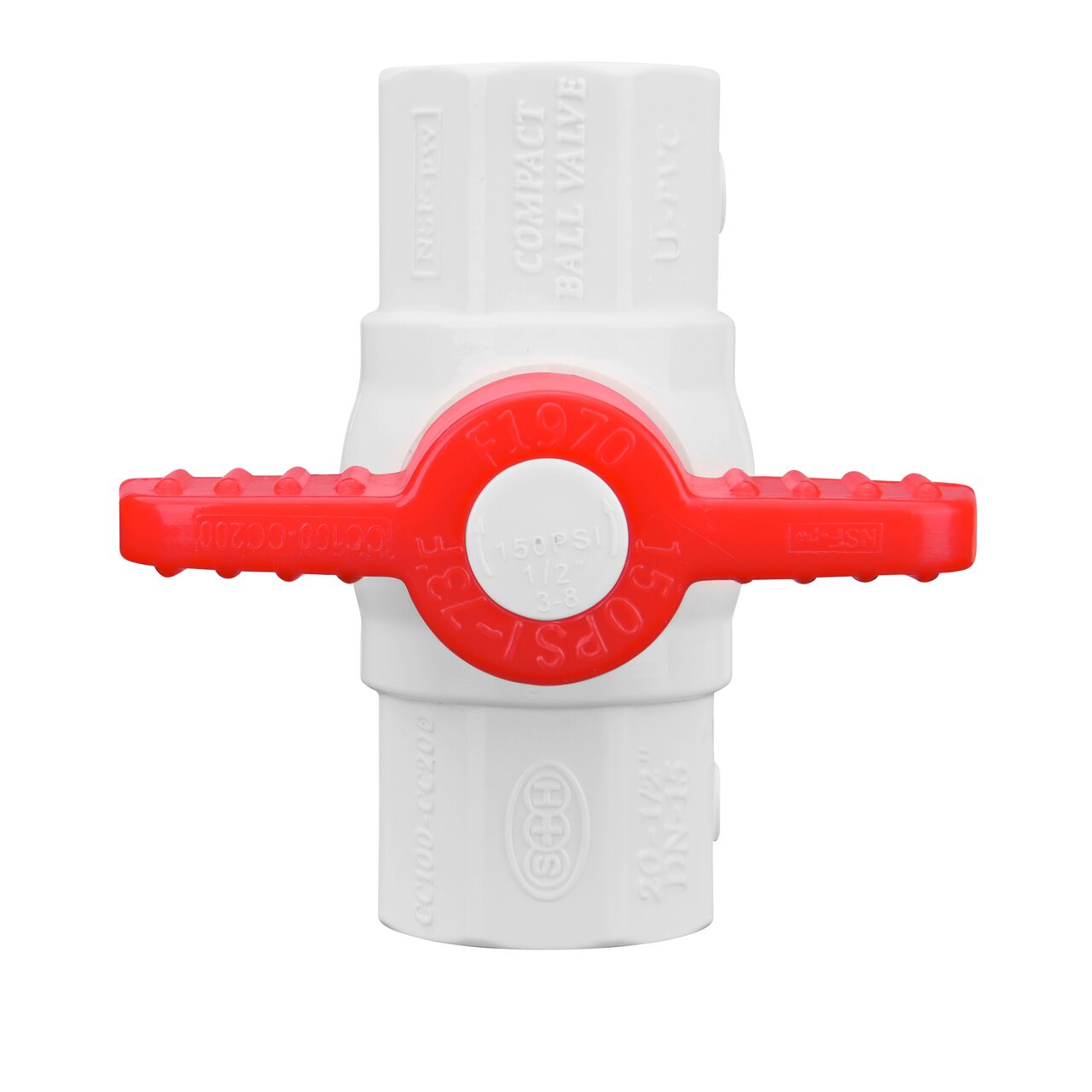Closeup of the NDS IPS Ball Valve showing that the handle is made of durable PVC material perfect for irrigation or other pressurized system (NDS E1420-05)