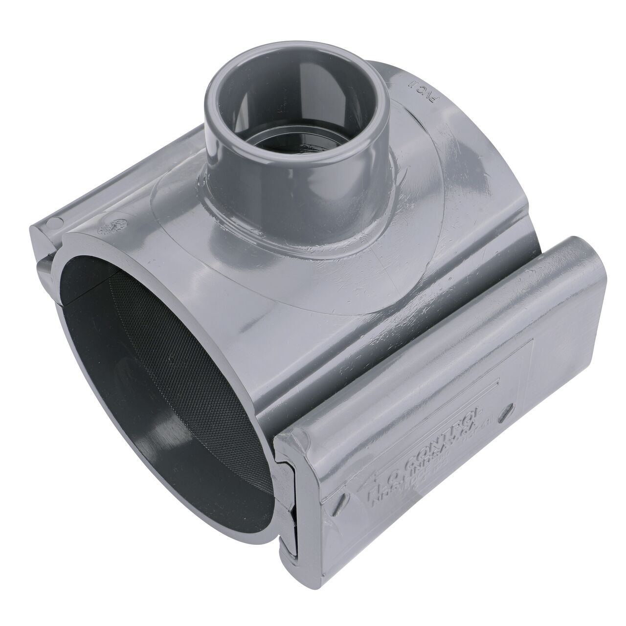 The 1-1/2 in. slip outlet at the top of the NDS Clamp-It™ Rigid PVC Saddle (NDS 454015) for 4 in. PVC pipe adds a riser or sprinkler to an existing pipeline for agricultural or mining applications