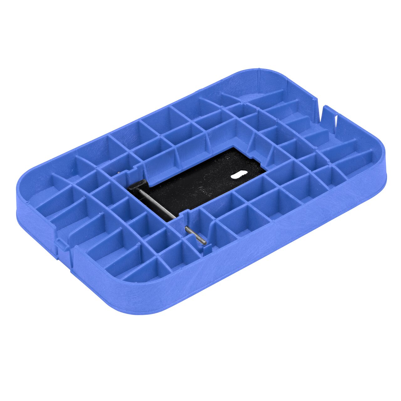 Bottom view of the reinforced ribs and Cast Iron reader door on the NDS 14 in. X 19 in. Blue Water Meter Drop-In cover (NDS D1200-DICIRBLUL) that fits the NDS 10 X 15 in. Standard Series Meter Box