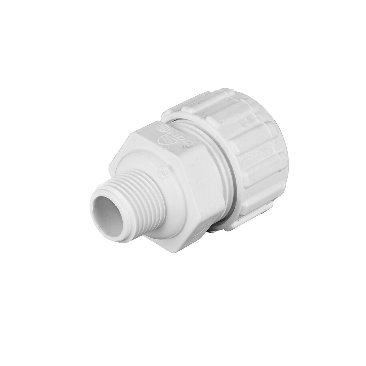 1/2 inch Threaded IPS MPT connection end on the NDS 1/2 in. Flo Lock Gripper Adapter (NDS 135-05)on the NDS 1/2 in. Flo Lock Gripper Adapter (NDS 135-05)