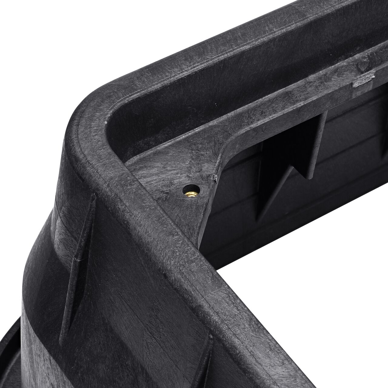 Closeup view of the bolt hole on the Black NDS 13 in. X 24 in. Rectangular Pro Series Meter Box (NDS 121BCDWB) for securing lid or cover to the box