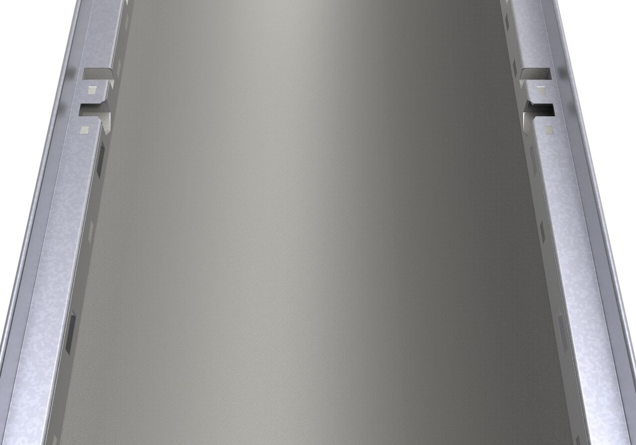 Closeup view of the rails and grate locking system on the 12 in. wide BG-FILCOTEN® by NDS® pro V 300 Trench Channel Drain with Galvanized Steel Rails (NDS 10630200)