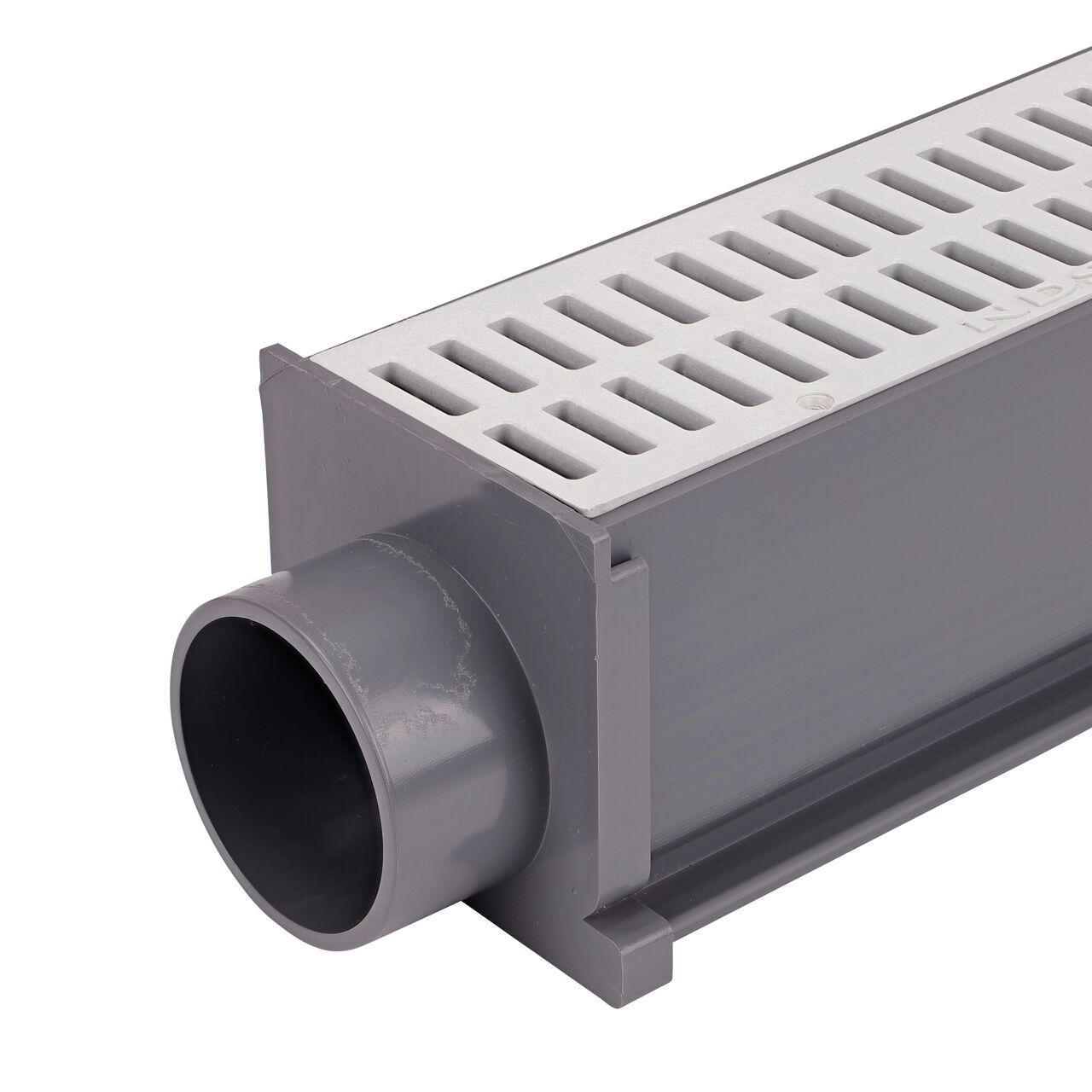The NDS Gray Mini Channel™ Drain End Outlet (NDS 546) attached to mini channel drain with grate