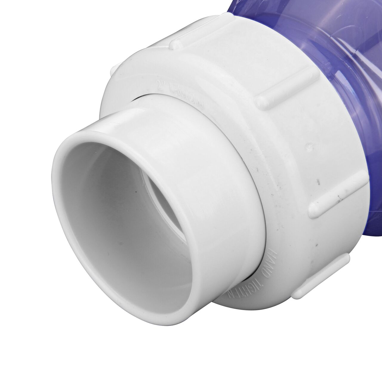 Closeup of the one end of the NDS Clear 2 in. IPS U X U PVC True Union Swing Check Valve (NDS 1720C20)