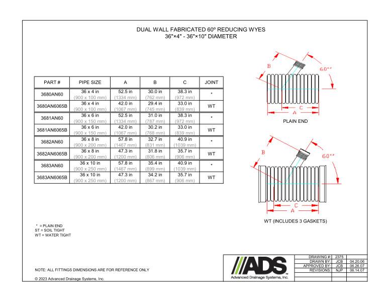 36" x 4" - 36" x 10" Fabricated 60 Degree Reducing WYES  (HDPE Dual Wall Fabricated Wyes Fittings)