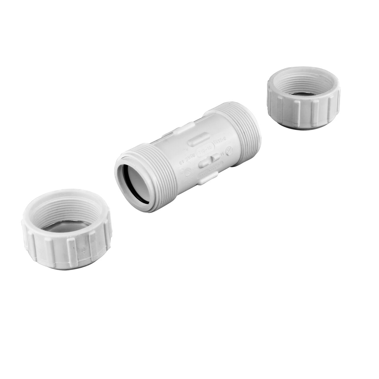 Unassembled NDS 1-1/2 in. SDR-9 CTS X 1-1/4 in. PE TS Flo-Lock™ Gripper Reducer Coupling showing where the two ends come apart to secure the coupling to the pipe (NDS 710-15)