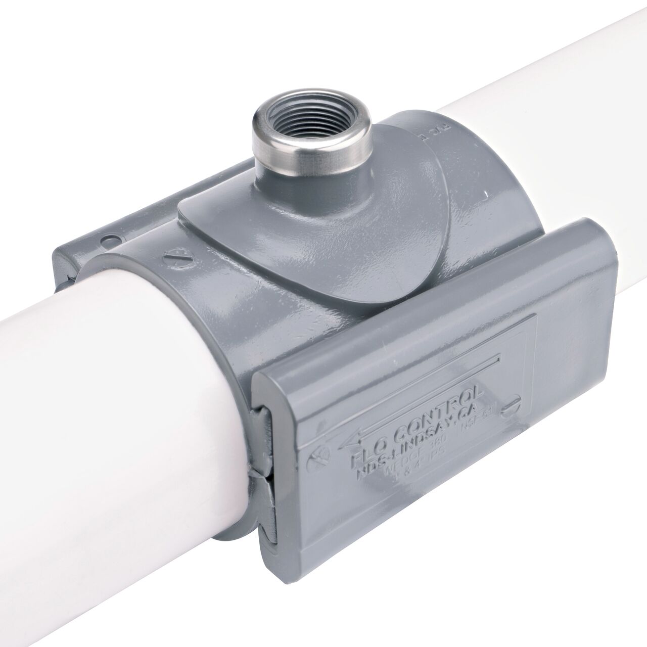 The NDS Clamp-It™ Rigid PVC Saddle with 3/4 in. FPT connection on top (NDS 443007) installed onto 3 inch PVC pipe with the wedge closure fully secure