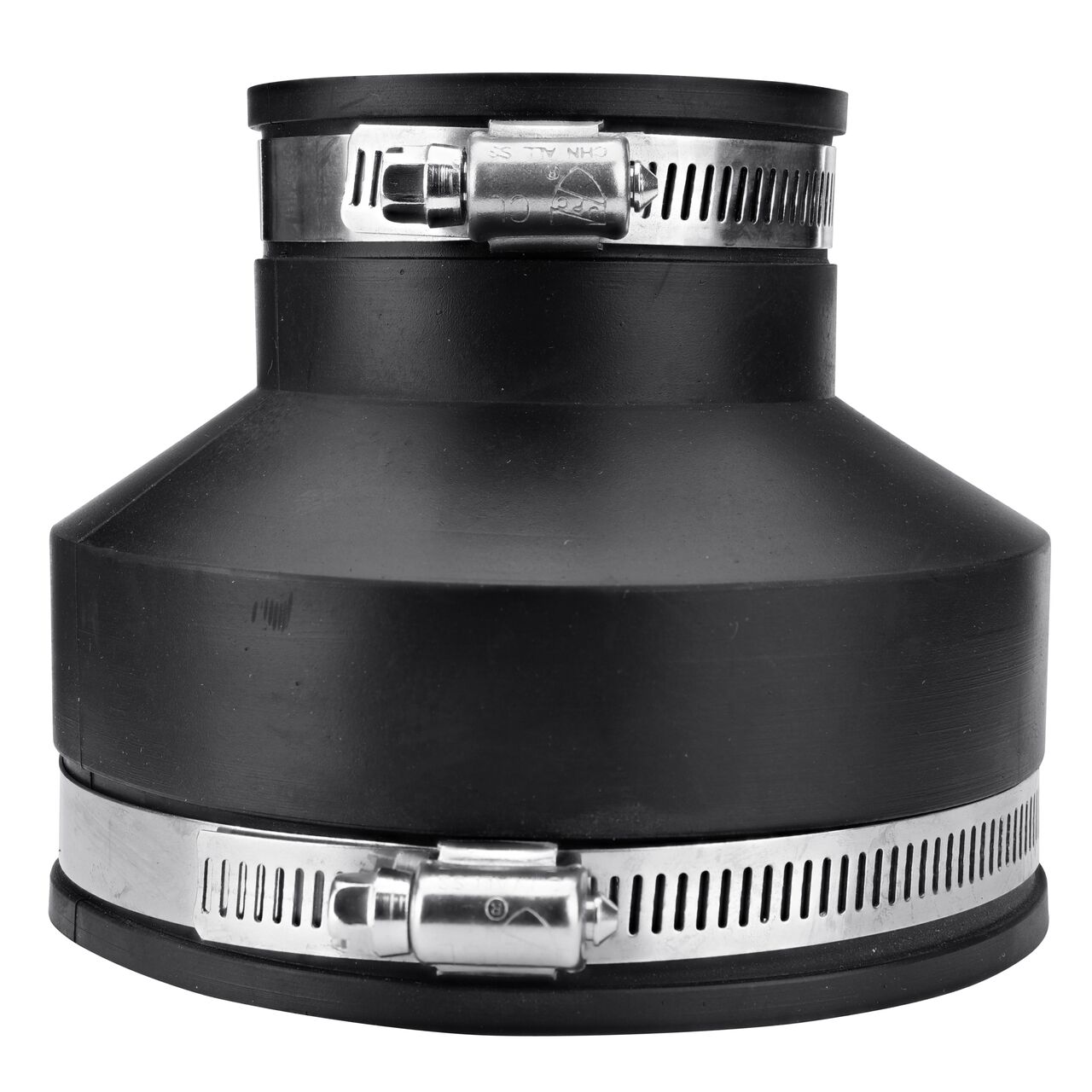 The NDS 4 in. X 2 in. flex coupling, in vertical position, connects two cast iron/sewer and drain or DWV/copper/steel/lead pipes and provides leak-resistant seals with virtually any pipe (NDS 56-42)