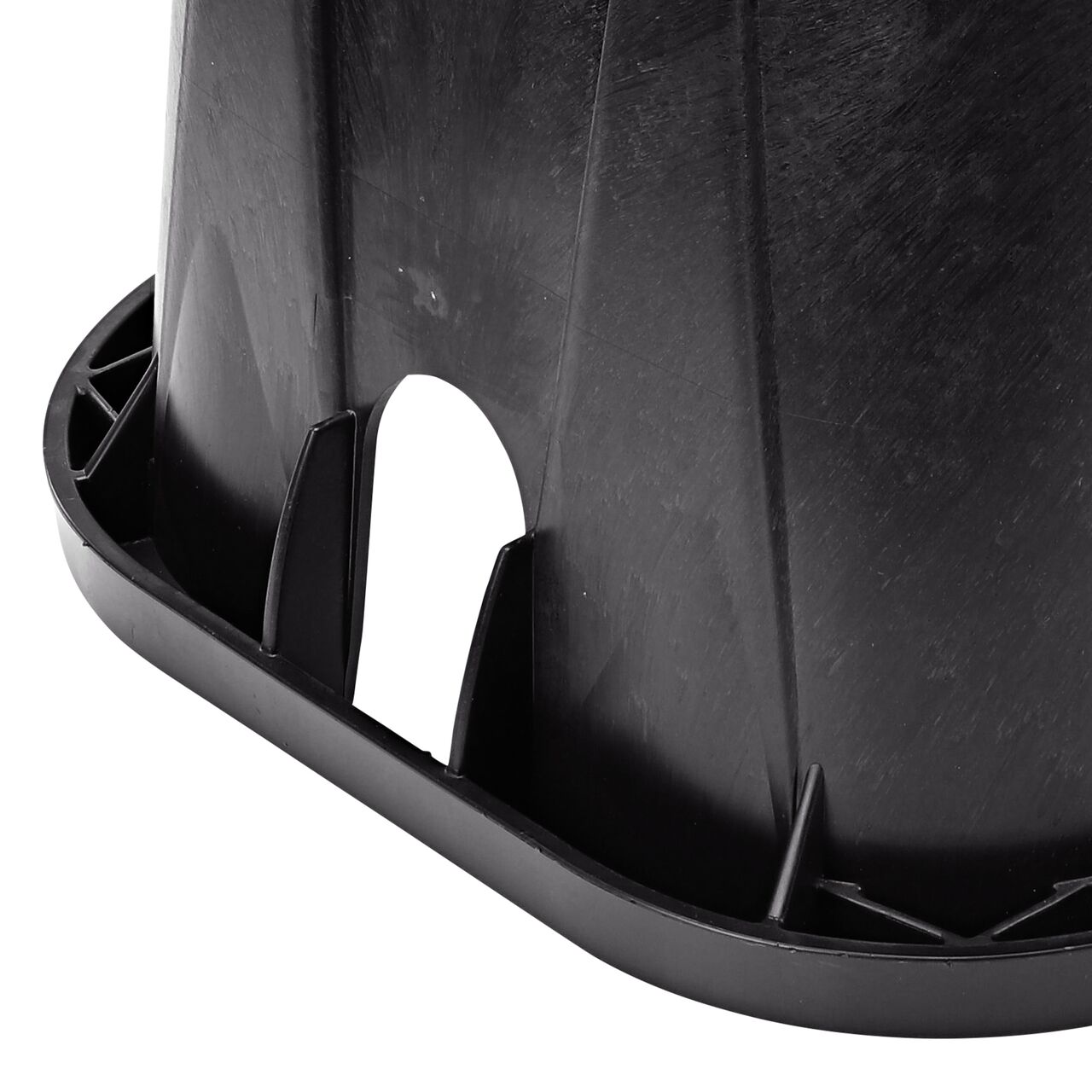 Closeup view of the pipe hole on the NDS Black plastic 14 in. X 19 in. Rectangular Pro-Spec® Series Valve Box (NDS 314BBLK)
