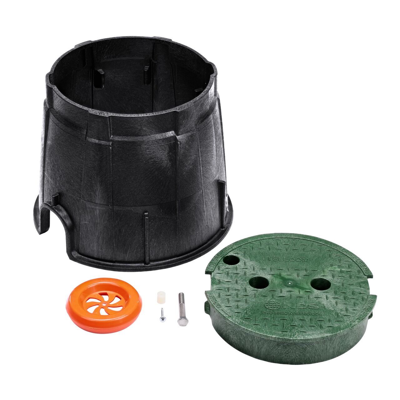 Unassembled View of the NDS 10 in. Black Round Pro-Spec® Series Telecom box, bolt, marker disc, and Green Telecom Overlapping cover (NDS 311BCBT-M) which provides easy access for service and maintenance of fiber optic cables and splices