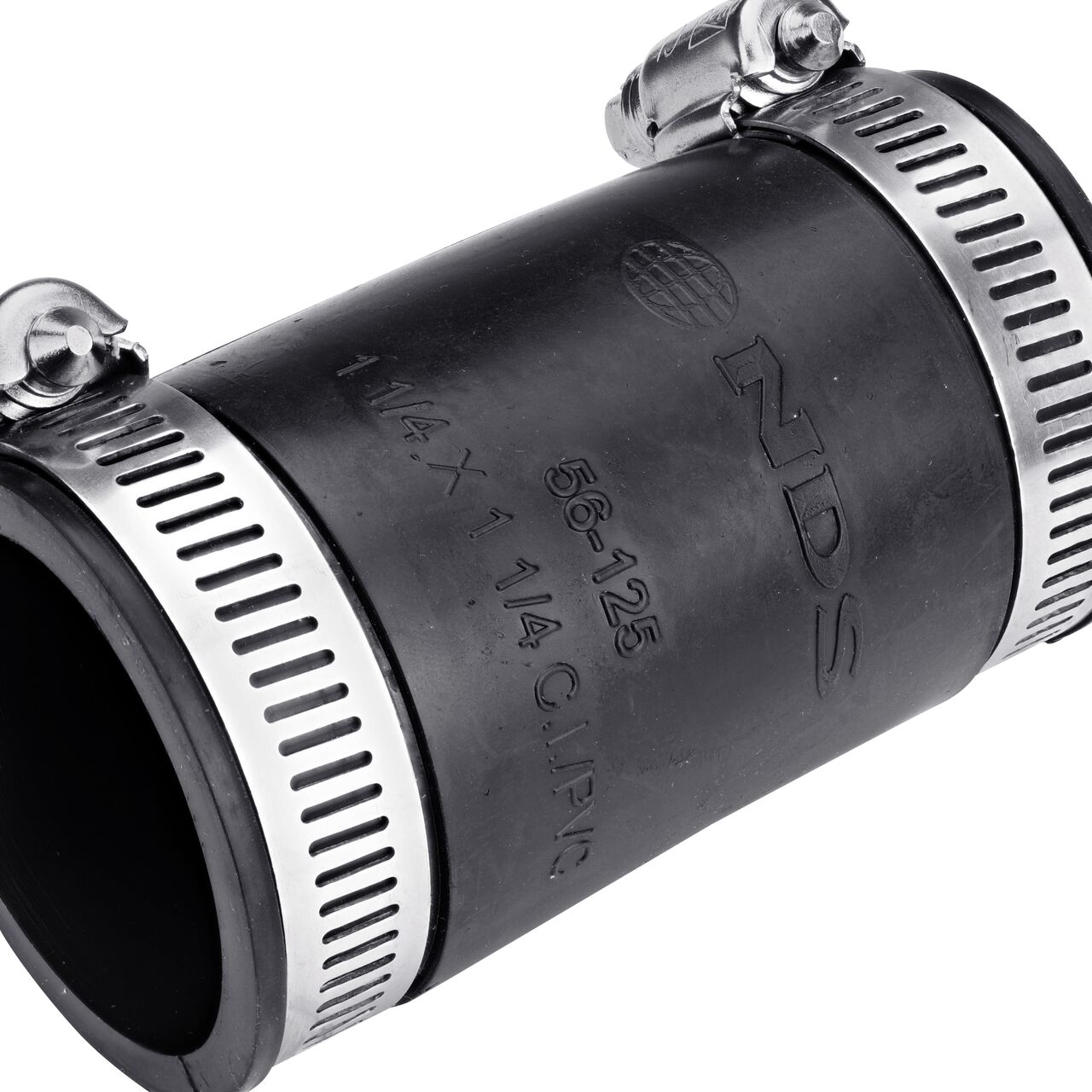 The clamps on the NDS 1-1/4 in. flex coupling for cast iron/sewer and drain or DWV/copper/steel/lead pipes can be tightened with screwdriver, 5/16 in. nut driver or socket to 60 inch-lbs. torque (NDS 56-125)