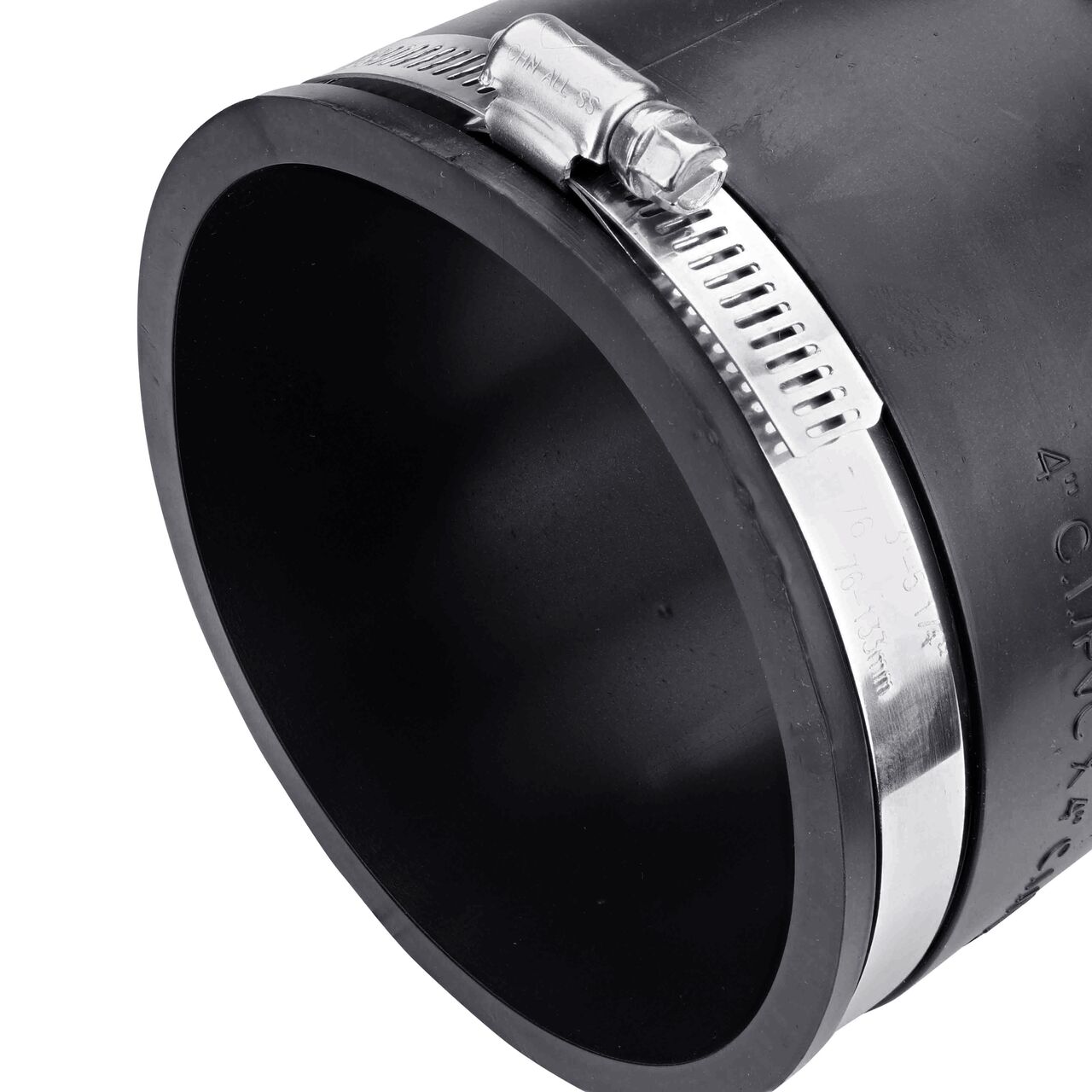 Closeup view of the small end on the NDS 4 in. flex coupling connects two cast iron/sewer and drain or DWV/copper/steel/lead pipes (NDS 56-44)