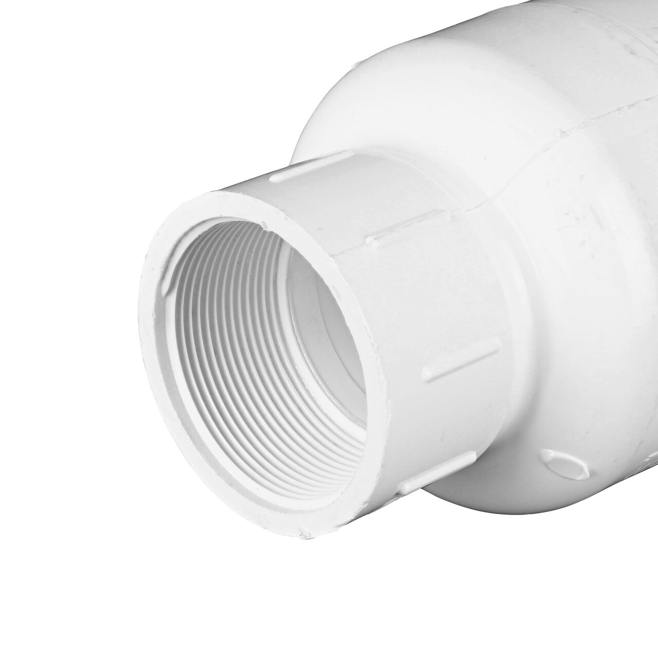 Closeup of the other threaded end of the NDS White 2 in. IPS FPT X FPT PVC Adjustable Spring Check Valve with 1-3/4-14-1/2 lb. Spring (NDS 1205-20)