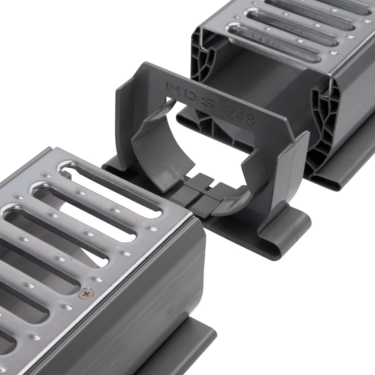 NDS Spee-D® Channel Drain Coupling (NDS 248*, NDS 248) connects to Spee-D® Channel Drain Assembly with Prefastened Galv. Steel Grates (NDS 400-10MTL)