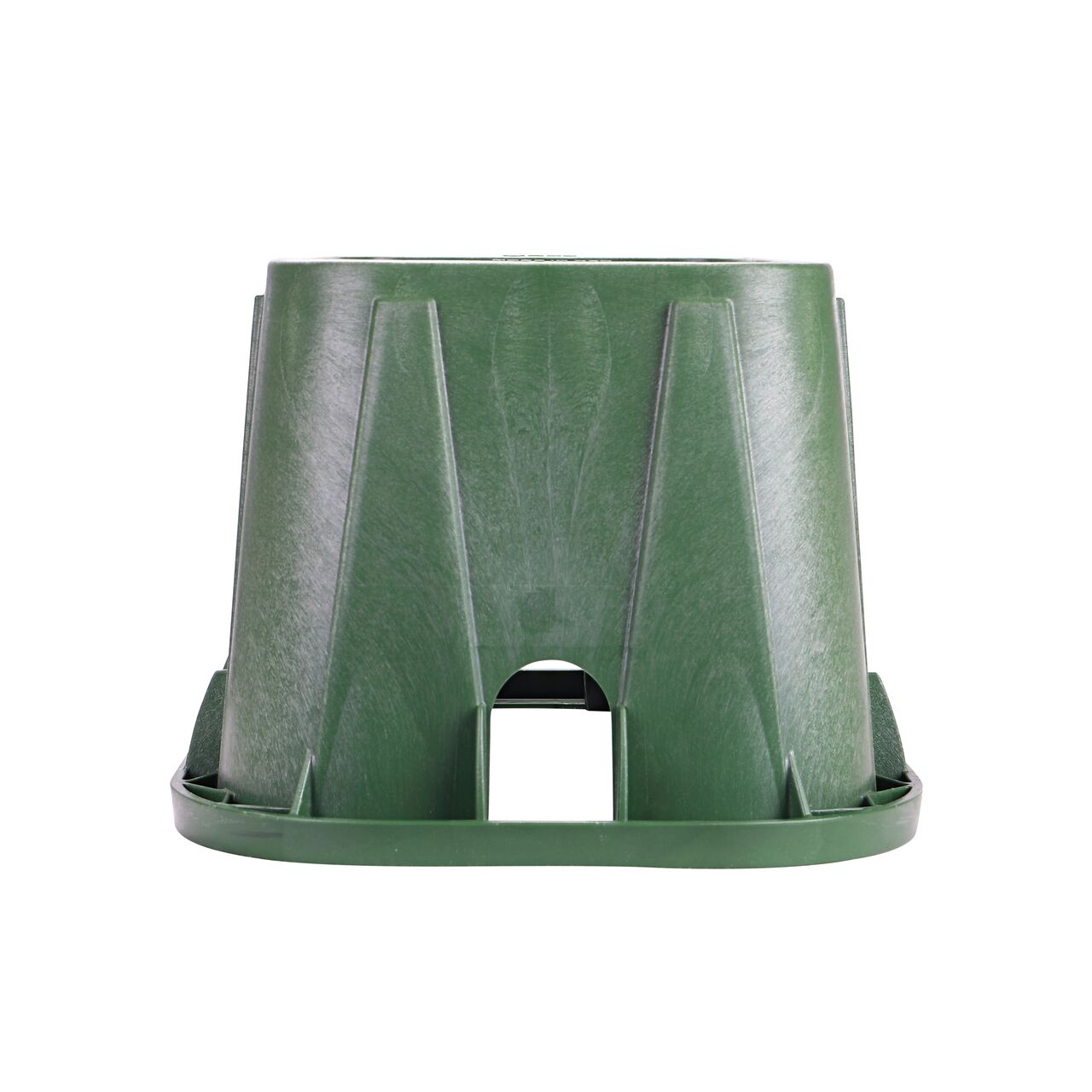 Side view of the pipe hole side on the NDS Green plastic 14 in. X 19 in. Rectangular Pro-Spec® Series Valve Box (NDS 314B) showing one pipe hole available to connect valves to your irrigation system