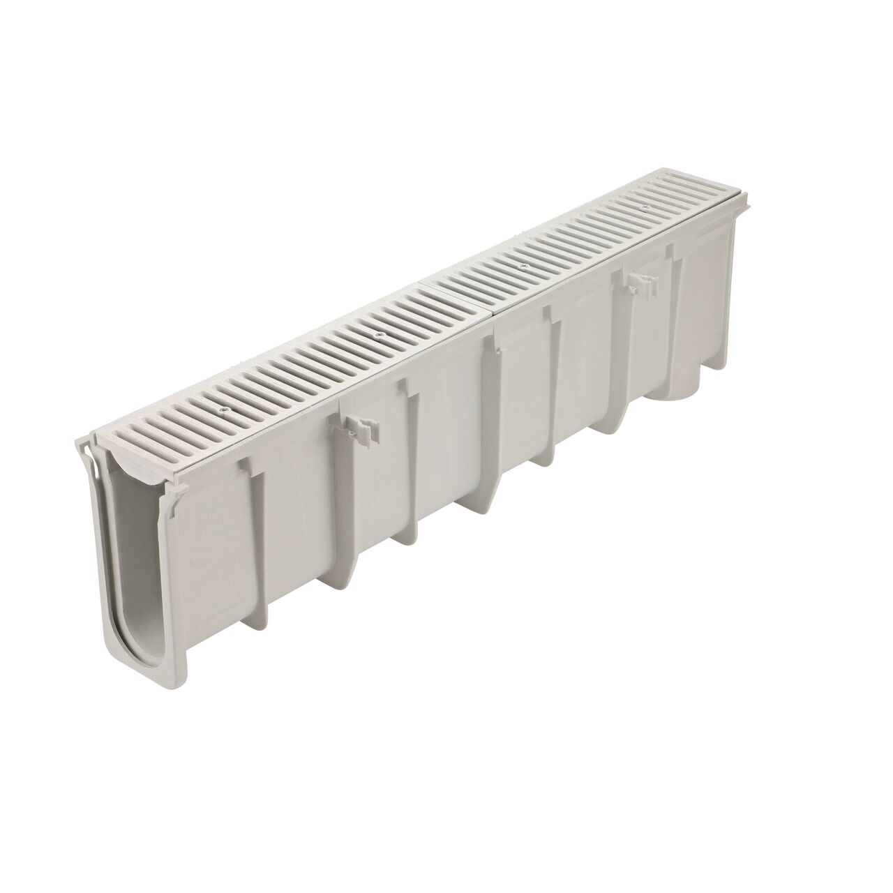 The NDS 11.39 in. to 11.72 in. Deep Dura Slope Channel Drain (NDS DS-113) with two Standard Dura Slope Light Gray Grates installed (NDS 661LG)