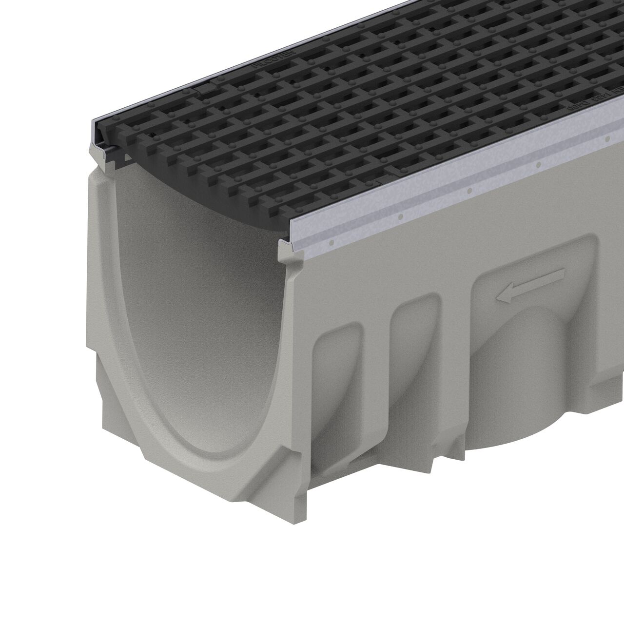 Closeup view of the class D load ductile iron bar design BG-FILCOTEN® 200 Trench Drain Grate (NDS 17020104) installed on the Filcoten 200 Trench Drain with female end showing