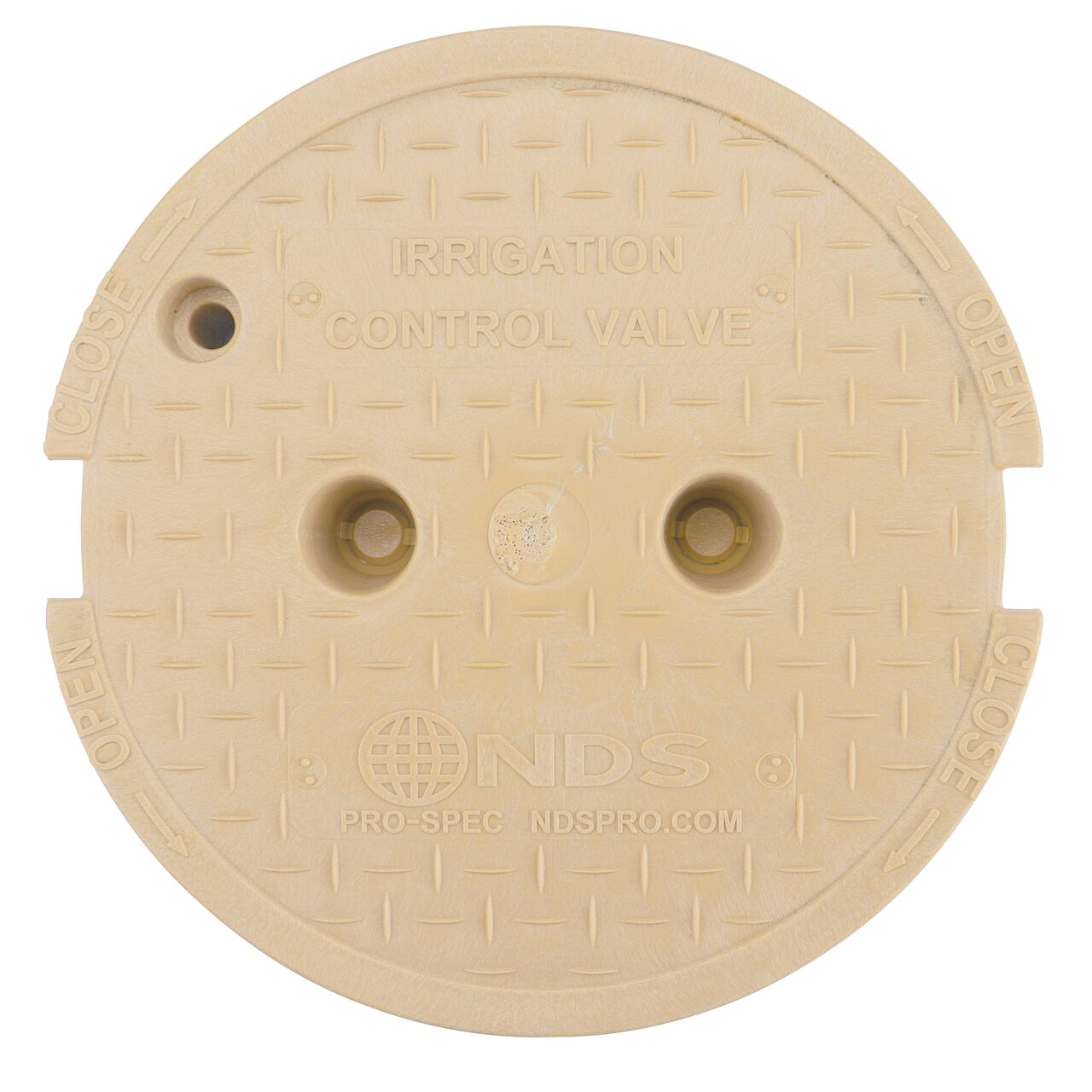 Top down view of the top side of the Sand Irrigation Control Valve cover (NDS 311CSAND) with finger indentations to lift and remove lid for the NDS 10 in. Round Pro-Spec® Series