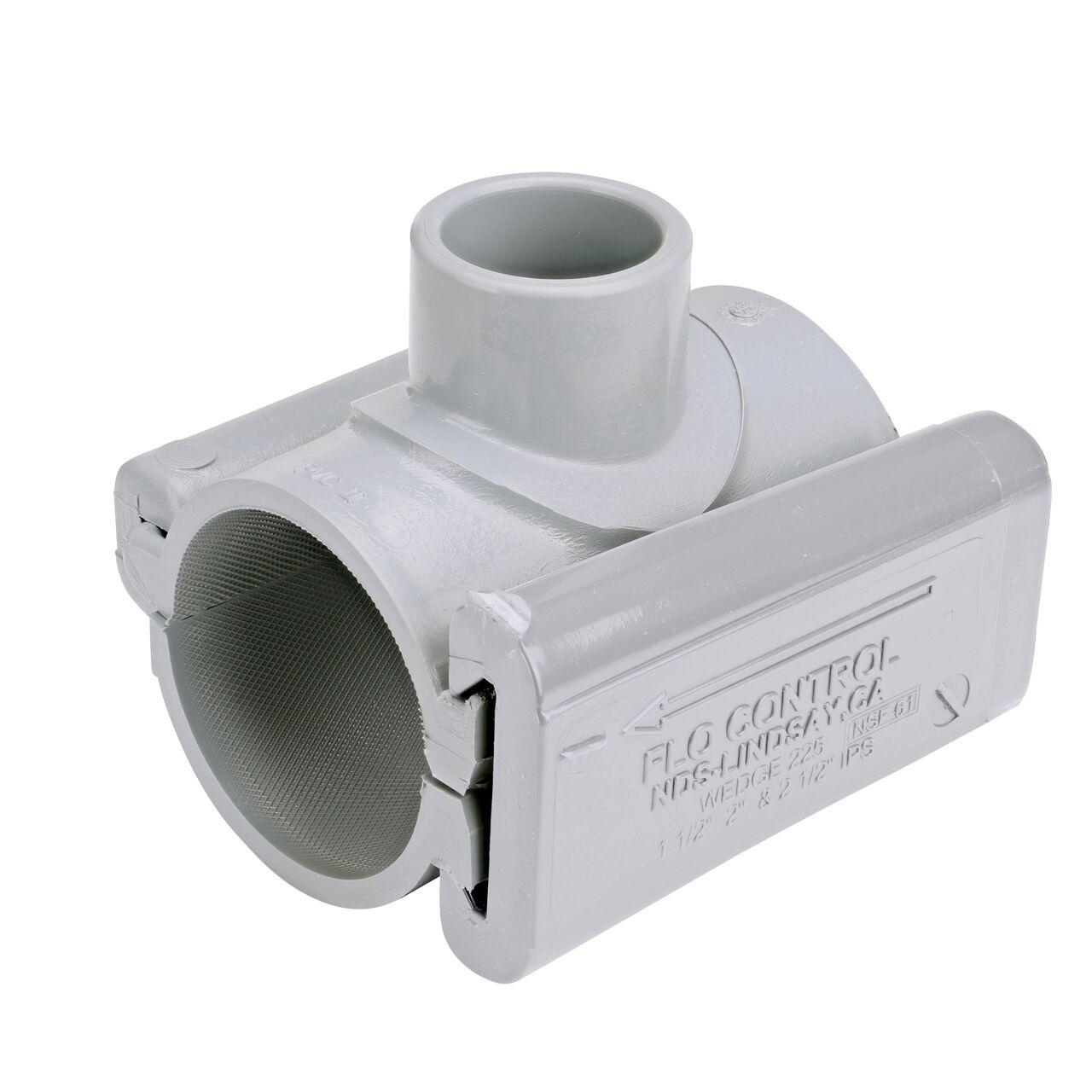 The NDS Clamp-It™ Rigid PVC Saddle with 1 in. slip connection on top (NDS 432010) for 2 in. PVC pipe has a patented wedge design to install a sprinkler irrigation system to existing pipe without any bolts
