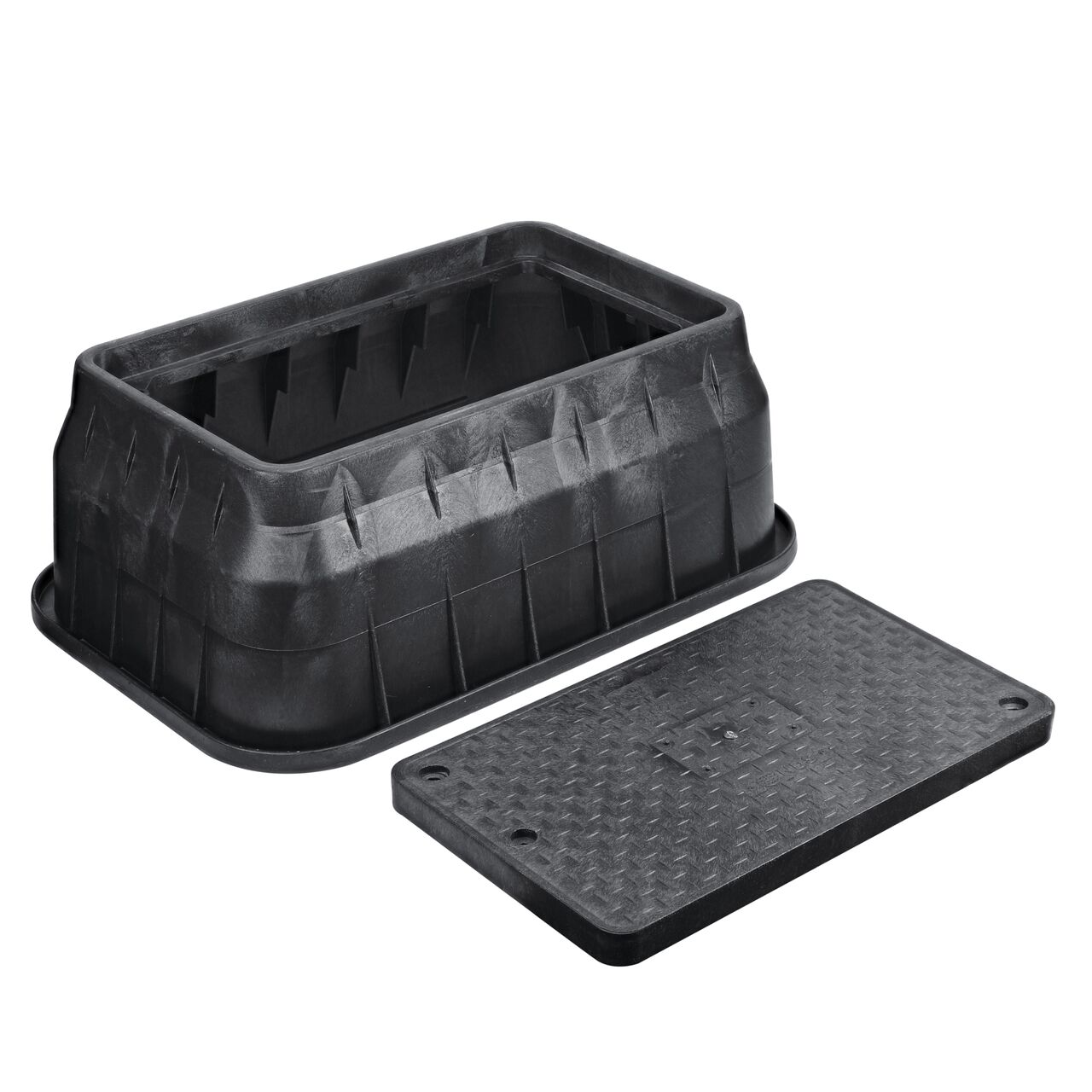 Unassembled View of the NDS 17 in. X 30 in. Black Rectangular Pro Series Meter box , bolt, and Black Water Meter drop-in cover (NDS 124BCDWB)