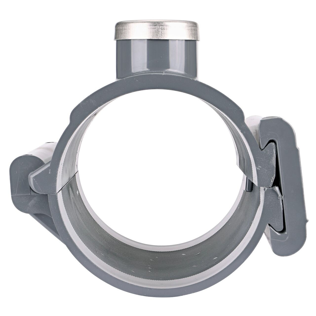 Front facing view of the NDS Clamp-It™ Rigid PVC Saddle with 1-1/4 in. FPT connection on top (NDS 444012) for 4 in. PVC pipe showing both the wedge and hinge sides