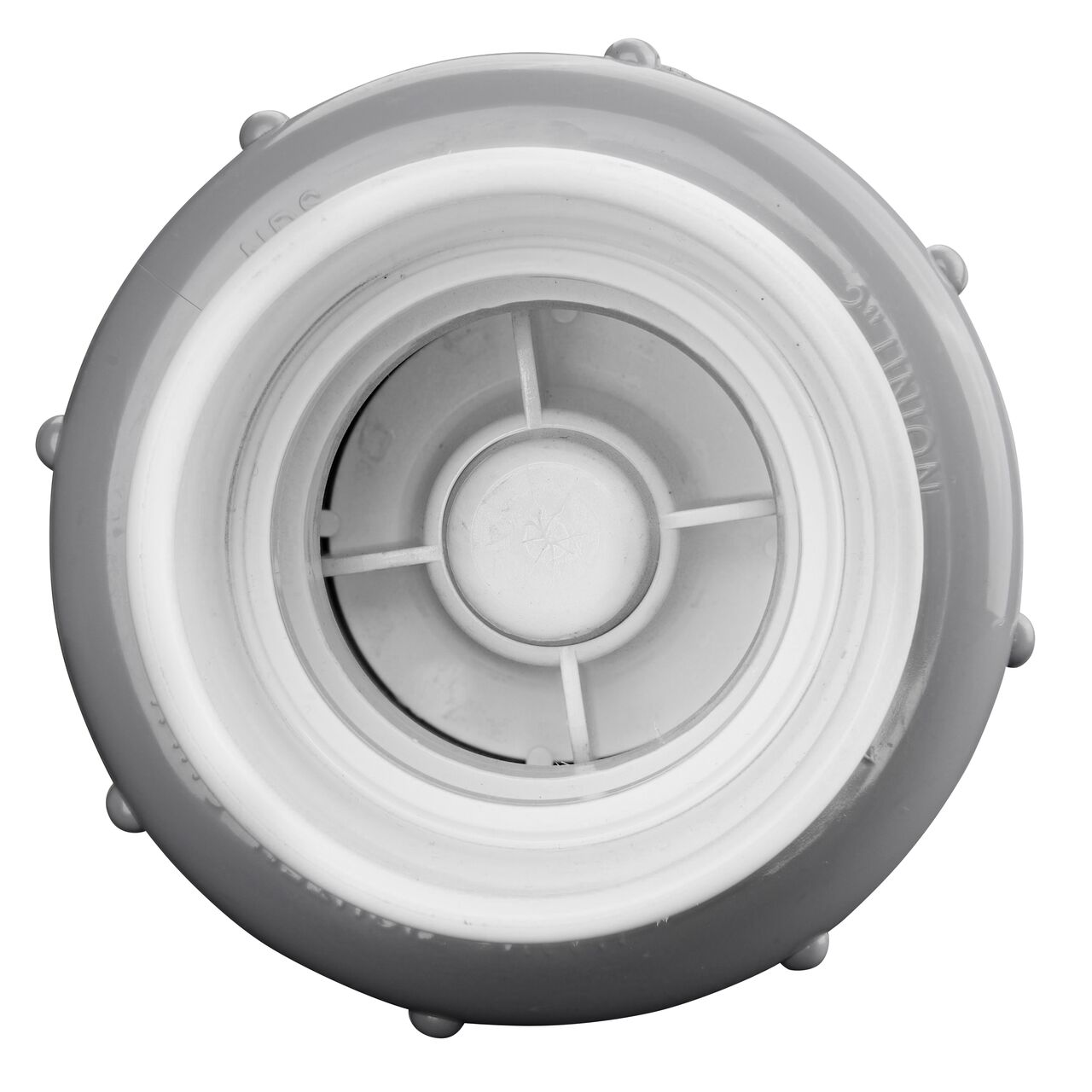 Inside view from inlet end of the NDS White 2 in. slip end by slip end PVC True Union Spring Check Valve with 1/2 lb. Spring (NDS 1700-20)