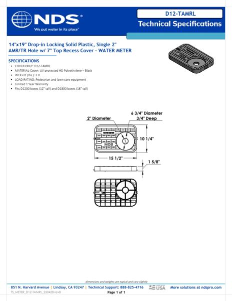 NDS 14 in. X 19 in. Rectangular Meter Box Drop-in Locking AMR Cover, Black Water Meter with 2 in. Touch Reader Hole, 7 in. Recess Tech Spec