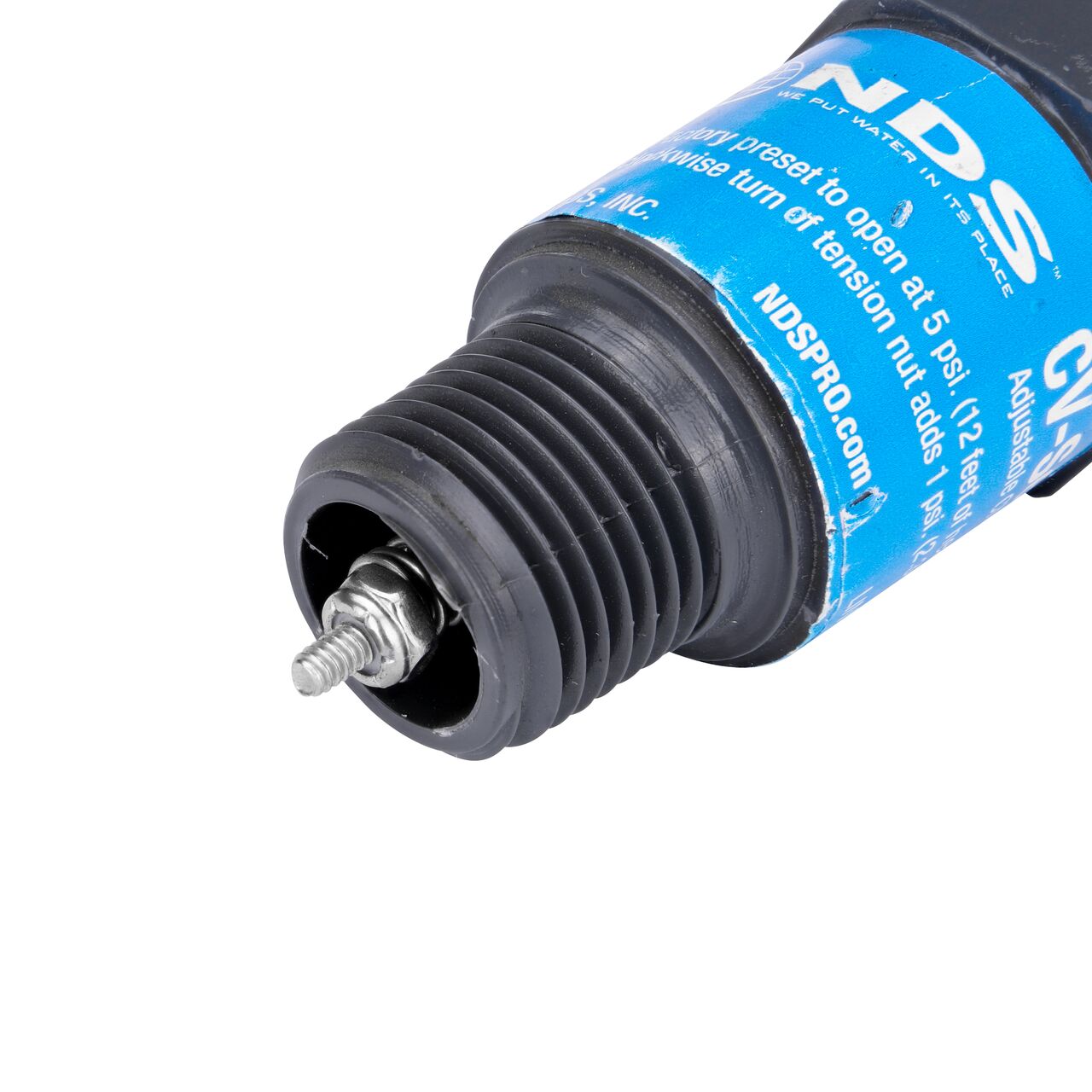 Closeup of MPT end with needle point spring on the NDS Gray 1/2 in. IPS MPT X FPT PVC Adjustable Inline Spring Check Valve (NDS CV-0500-MF)