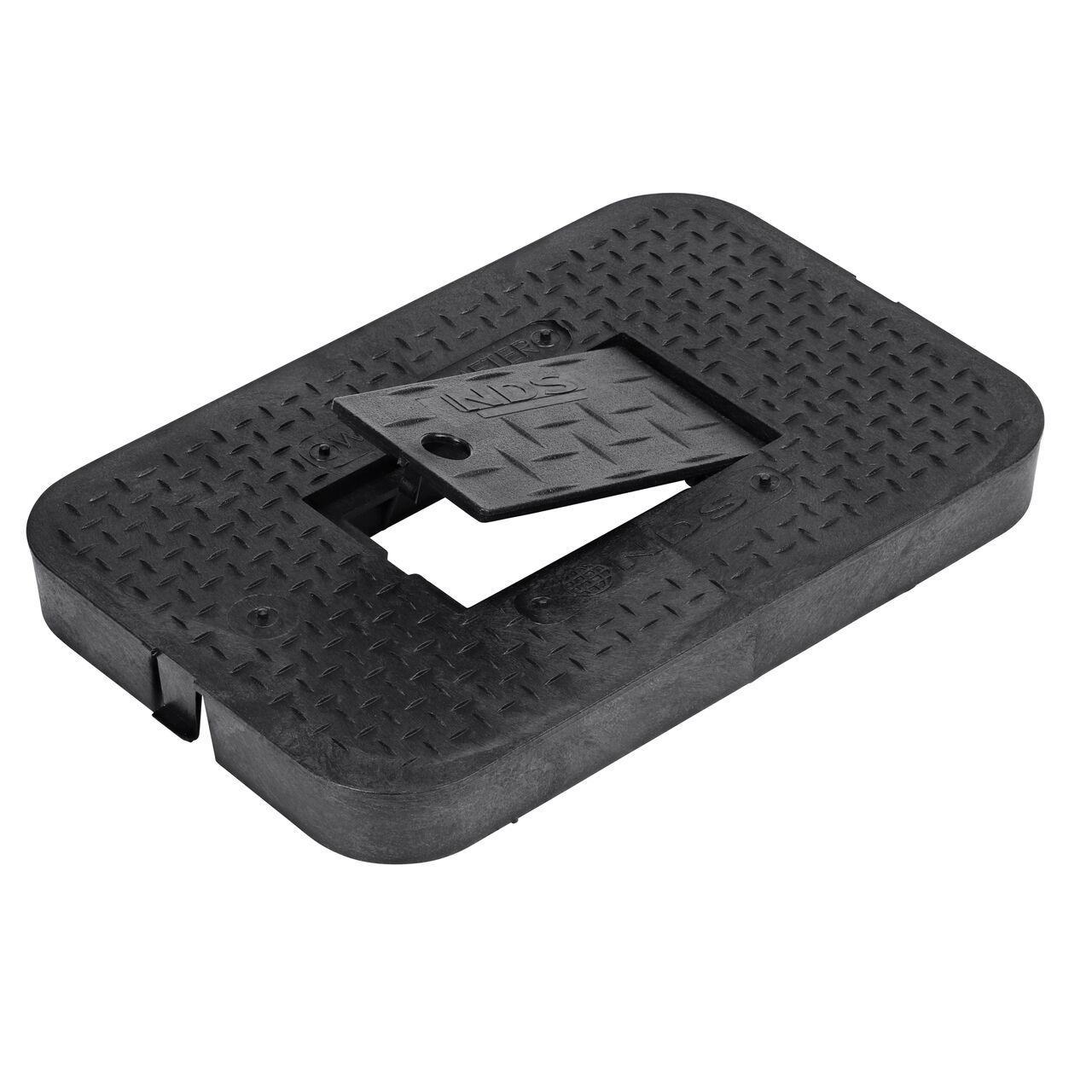 The Plastic reader door lifts up for easy access on the NDS 14 in. X 19 in. Black Water Meter Drop-in cover (NDS D1200-DIRBL) that fits the NDS 14 in. X 19 in. Standard Series Meter Box