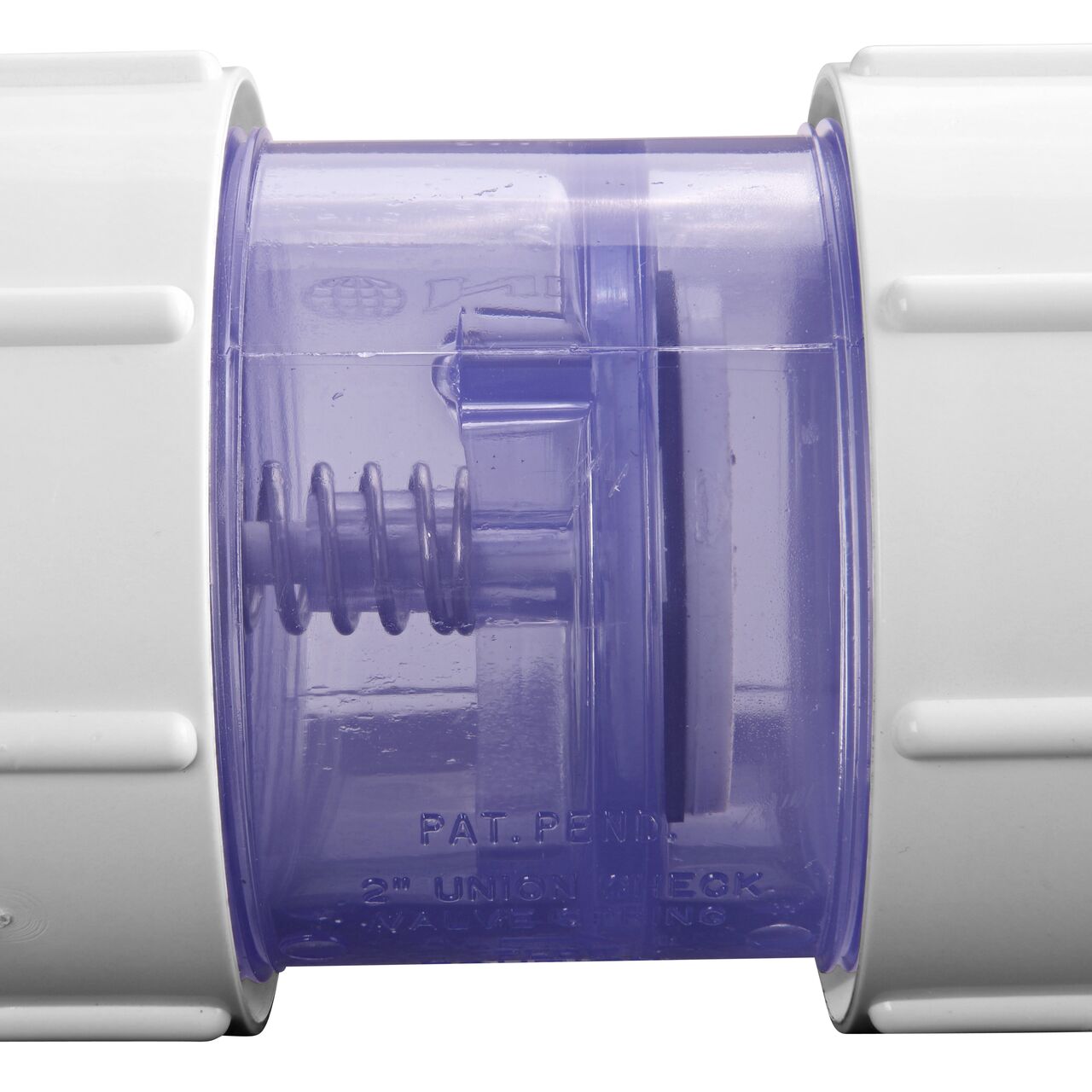 Closeup of the spring in the NDS Clear 2 in. IPS slip by slip PVC Compact True Union Spring Check Valve With 5 lb. spring (NDS 1795C20)