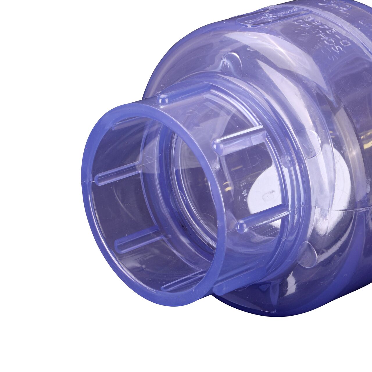 Closeup of the inlet end of the NDS Clear 2 in. slip end by slip end PVC Swing Check Valve (NDS 1520C20) which prevents backflow in pipelines