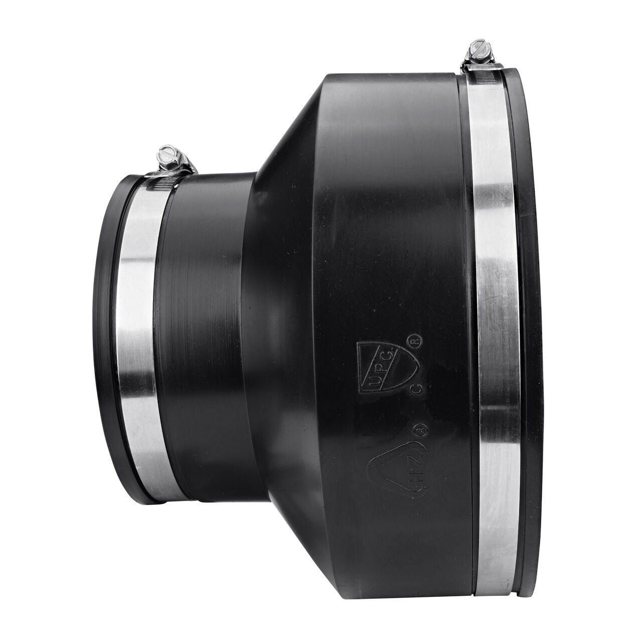The NDS flex coupling for 6 in. clay pipe to 4 in. cast iron or plastic pipe, in horizontal position, is made with material that flexes with normal earth movement (NDS 02-64)