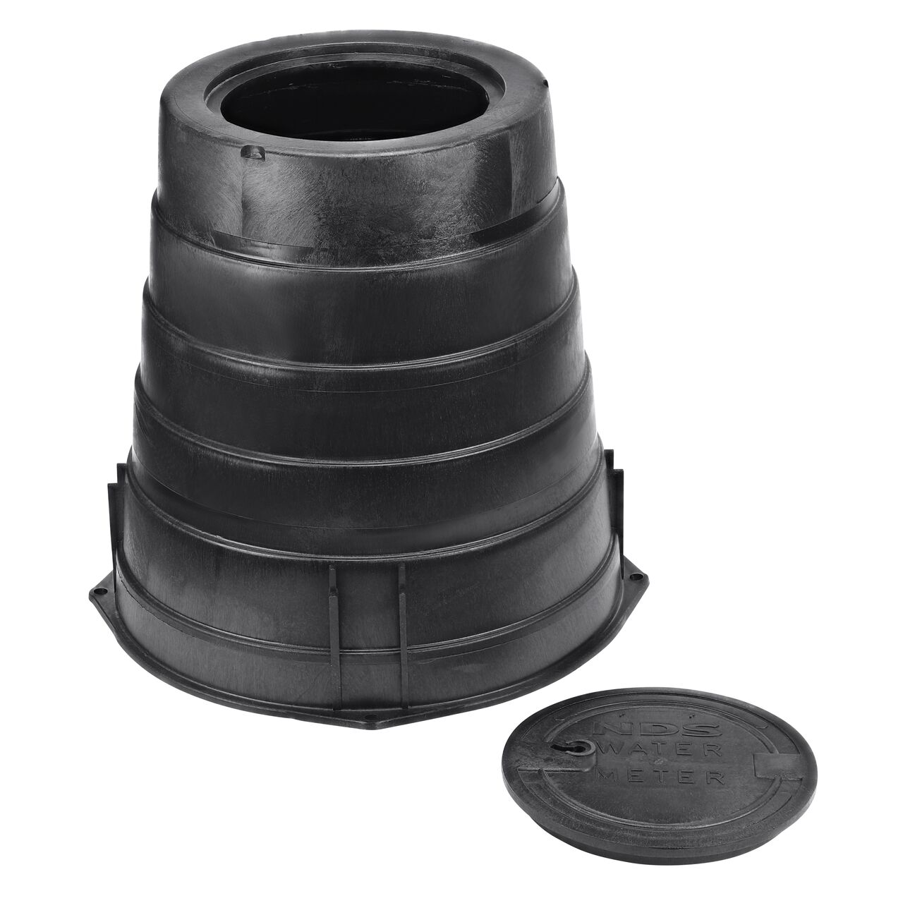 Unassembled View of the NDS 16 in. Round Standard Series meter box and black water meter cover (NDS D2400-LOCSB)