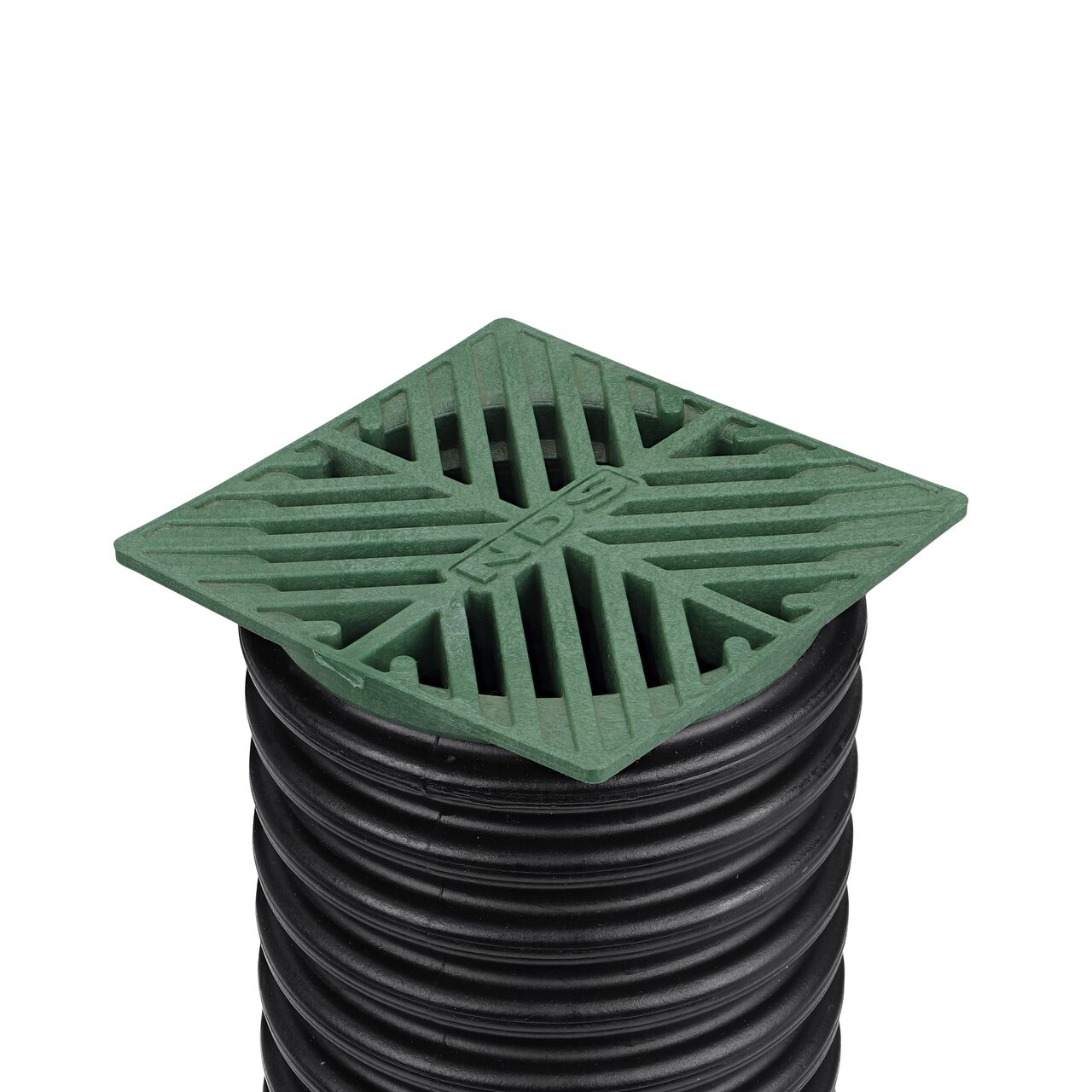 NDS green plastic 5 in. Square Grate fits 3 in. Drain Pipes & 4 in. Fittings installed on 3 in. Single-Wall Corrugated Pipe (NDS 7, NDS 7*)