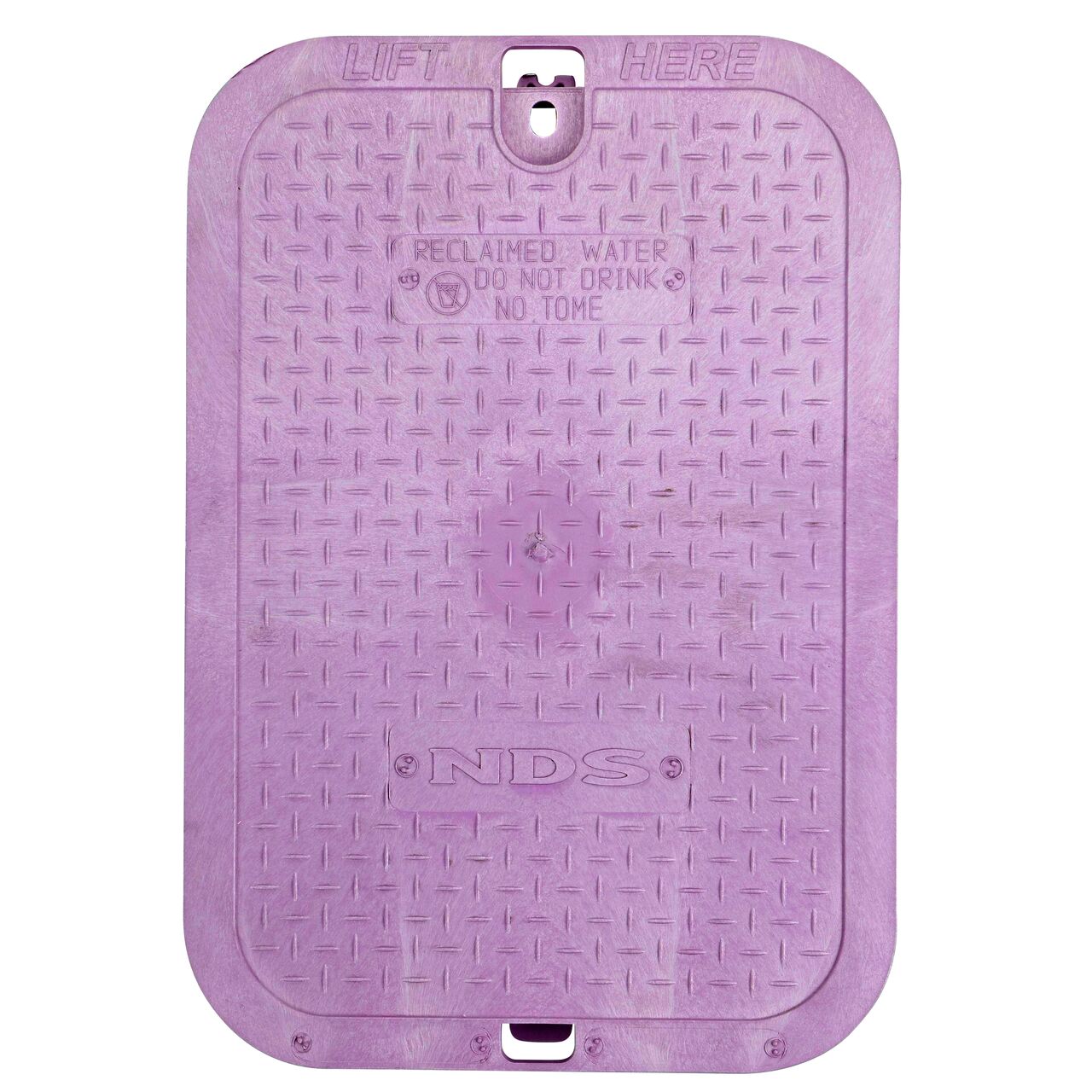 Top down view of the top side of the Purple Reclaimed Water overlapping cover (NDS 113CR) for the NDS 14 X 19 in. Rectangular Standard Series