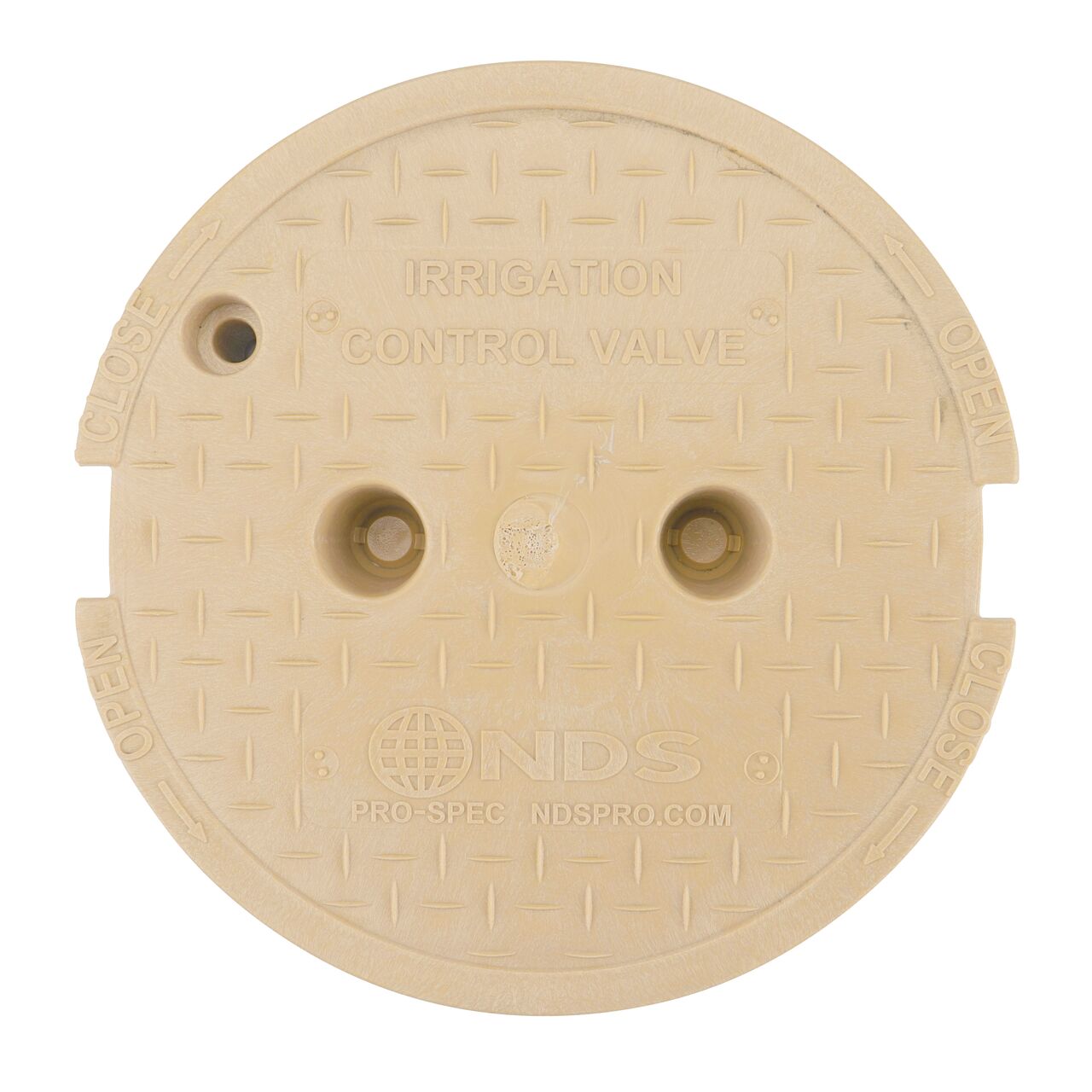 Top down view of the top side of the Sand Irrigation Control Valve cover for the NDS 10 in. Round Pro-Spec® Series (NDS 312BCSAND) shows markings, two finger slots to twist and remove lid