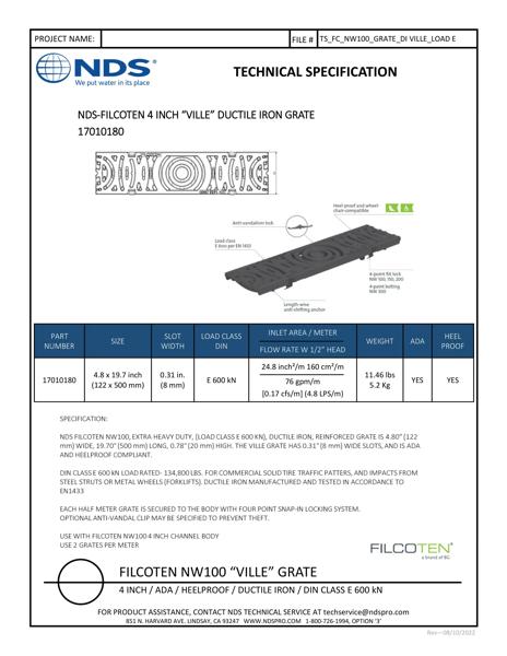 NDS BG-FILCOTEN® 100 Trench Drain Grate Decorative Ville Slot Design Ductile Iron Tech Spec