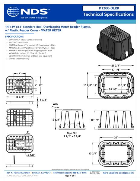 NDS 14 in. X 19 in. Rectangular D1200 Meter Box and Cover, 12 in. Height, Black Box, Black Water Meter Cover with Plastic Reader Tech Spec