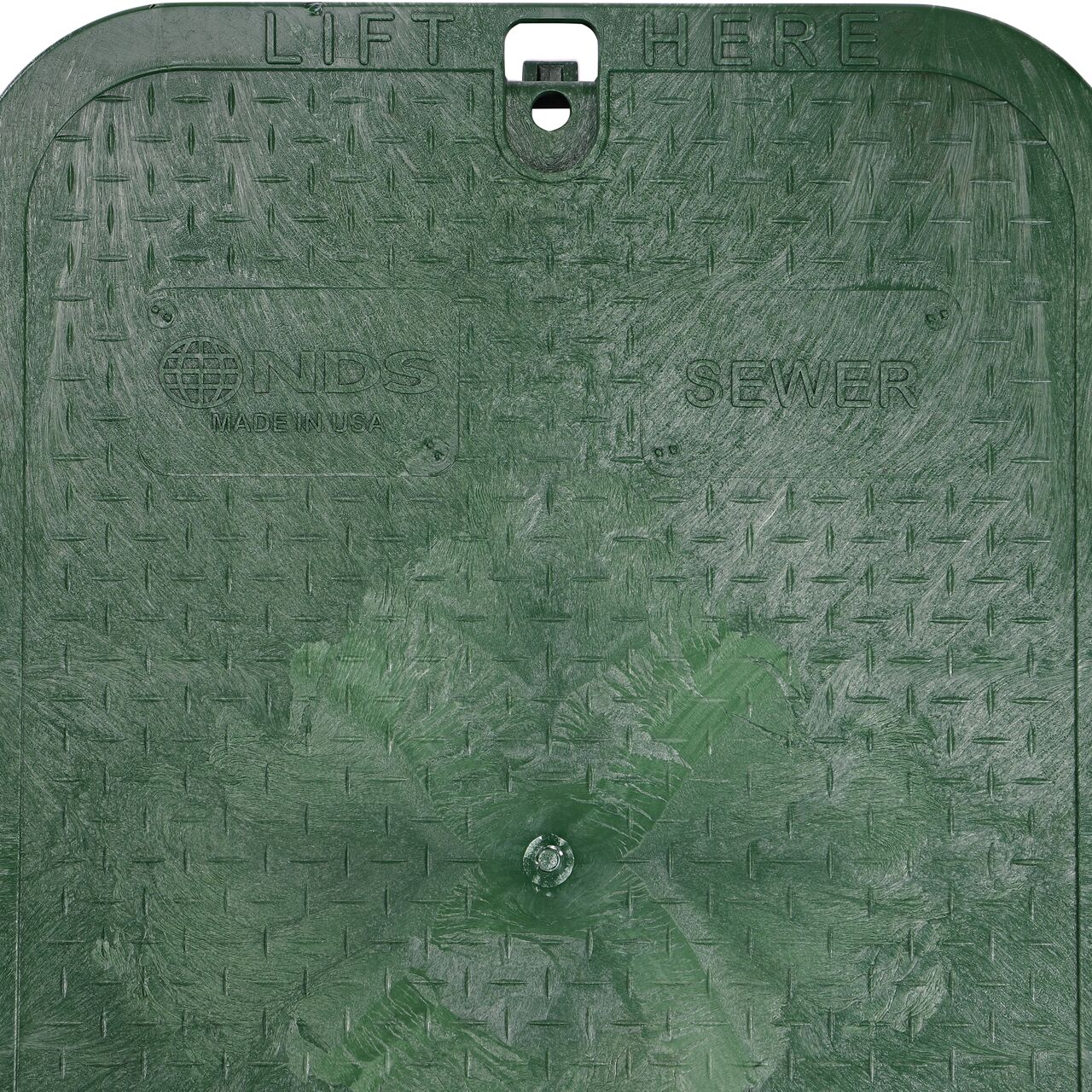 Closeup view of the Sewer markings on the Green Sewer cover for the NDS 13 in. X 20 in. Rectangular Standard Series Jumbo Valve Box (NDS 118BCS)