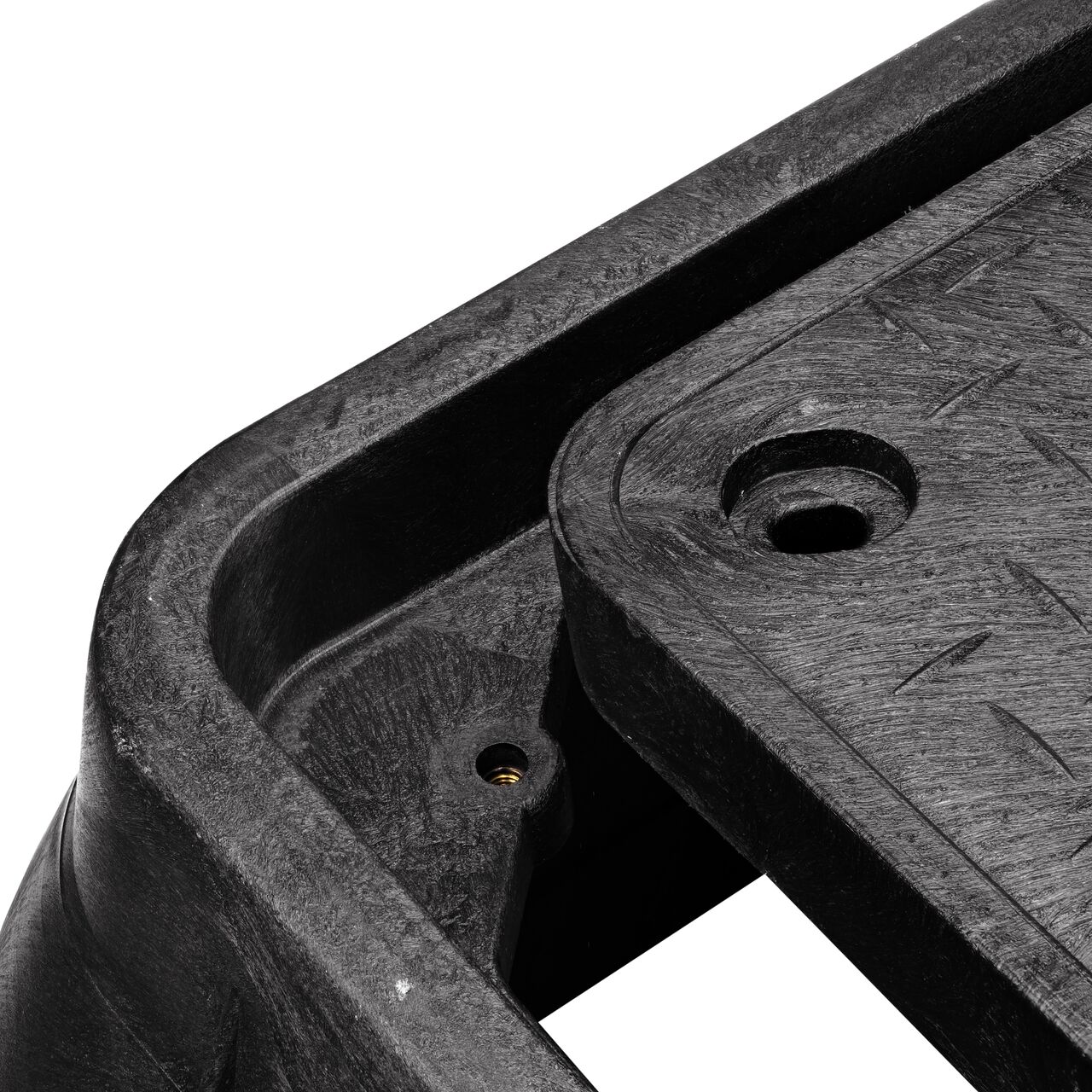 Closeup view of the hinged side of the Cast Iron reader door on the NDS 17 in. X 30 in. Rectangular Pro Series Meter Box & Water Meter Cover (NDS 126BCDMCIFB)
