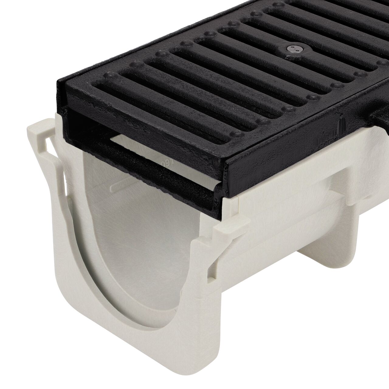 Closeup of the Dura Slope™ Channel Drain Frame (NDS DS-200H) installed on the NDS Dura Slope Channel Drain (NDS DS-091) with the Cast Iron Dura Slope™ Channel Drain Grate (NDS DS-231); female end facing camera